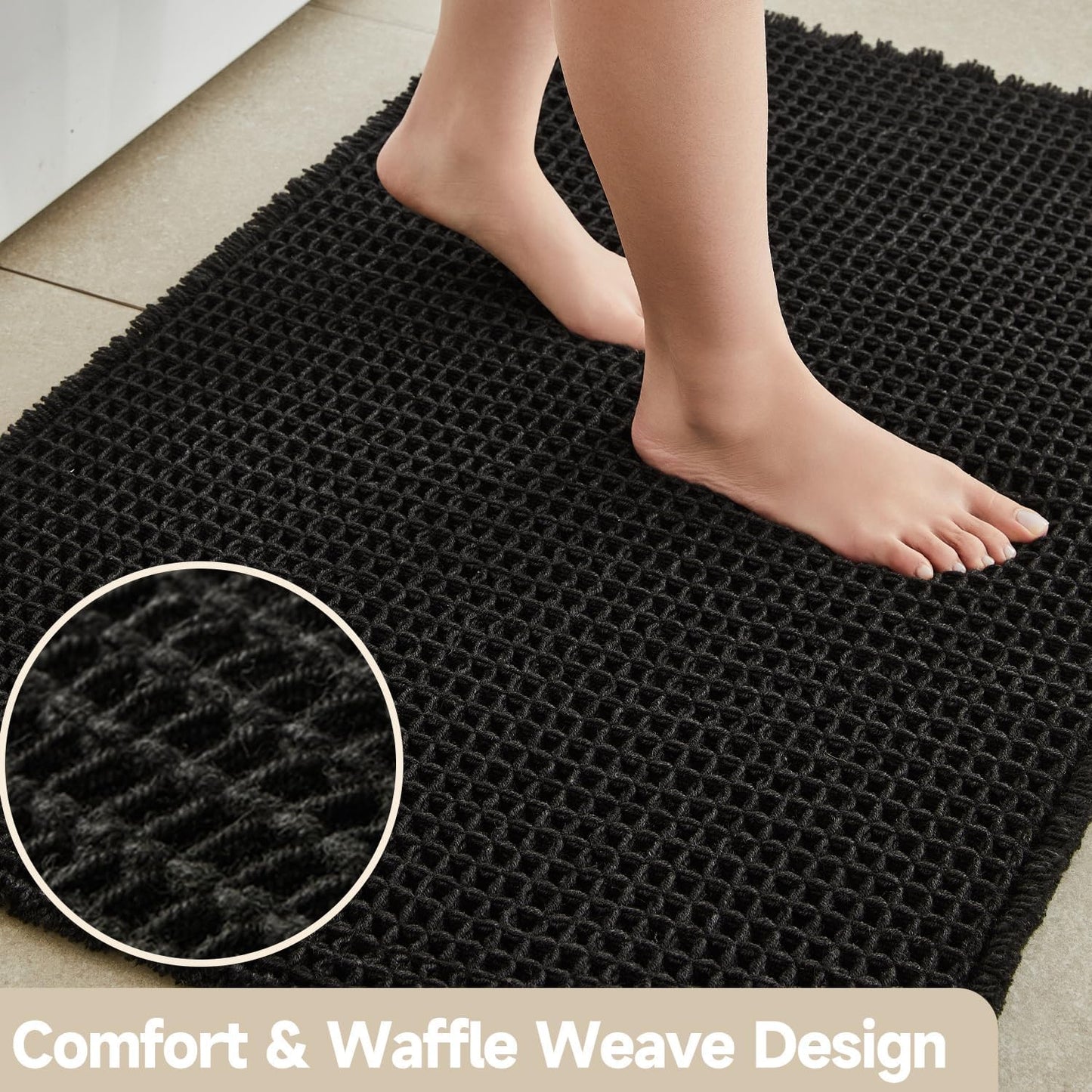 Black Bathroom Rug, Waffle Bath Mat Non Slip Washable Super Absorbent Quick Dry Boho Farmhouse Bathroom Decor, 24"x16" Black