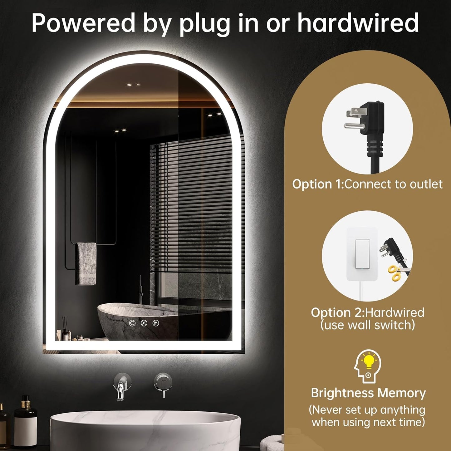 Arched LED Mirror for Bathroom 24"x36"- Frameless Lighted Bathroom Mirror with Lights, Fogless, Dimmable, 3 Color Changing, Shatterproof, Touch Sensor