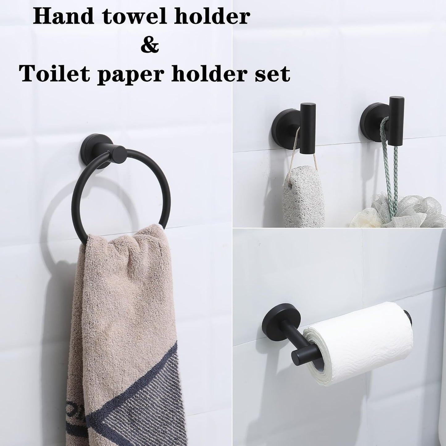 4 Piece Matte Black Stainless Steel Bathroom Hardware Set Include Hand Towel Ring, Toilet Paper Holder,and 2 Robe Towel Hooks,Bathroom Accessories Kit