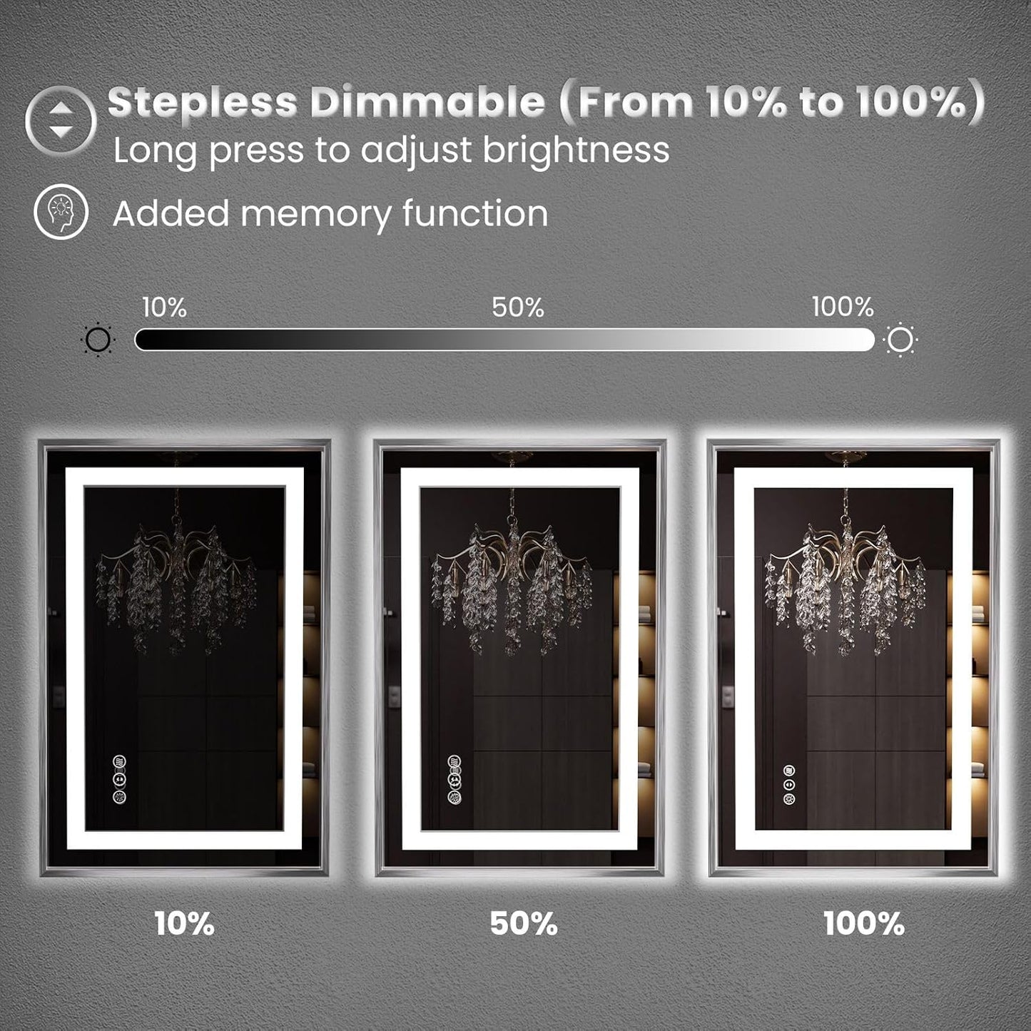 Amorho 28"X36" LED Bathroom Mirror, Brushed Nickel Framed Mirror with Front Light and Backlit, Stepless Dimmable, Anti-Fog, Shatter-Proof, Memory, 3 Colors