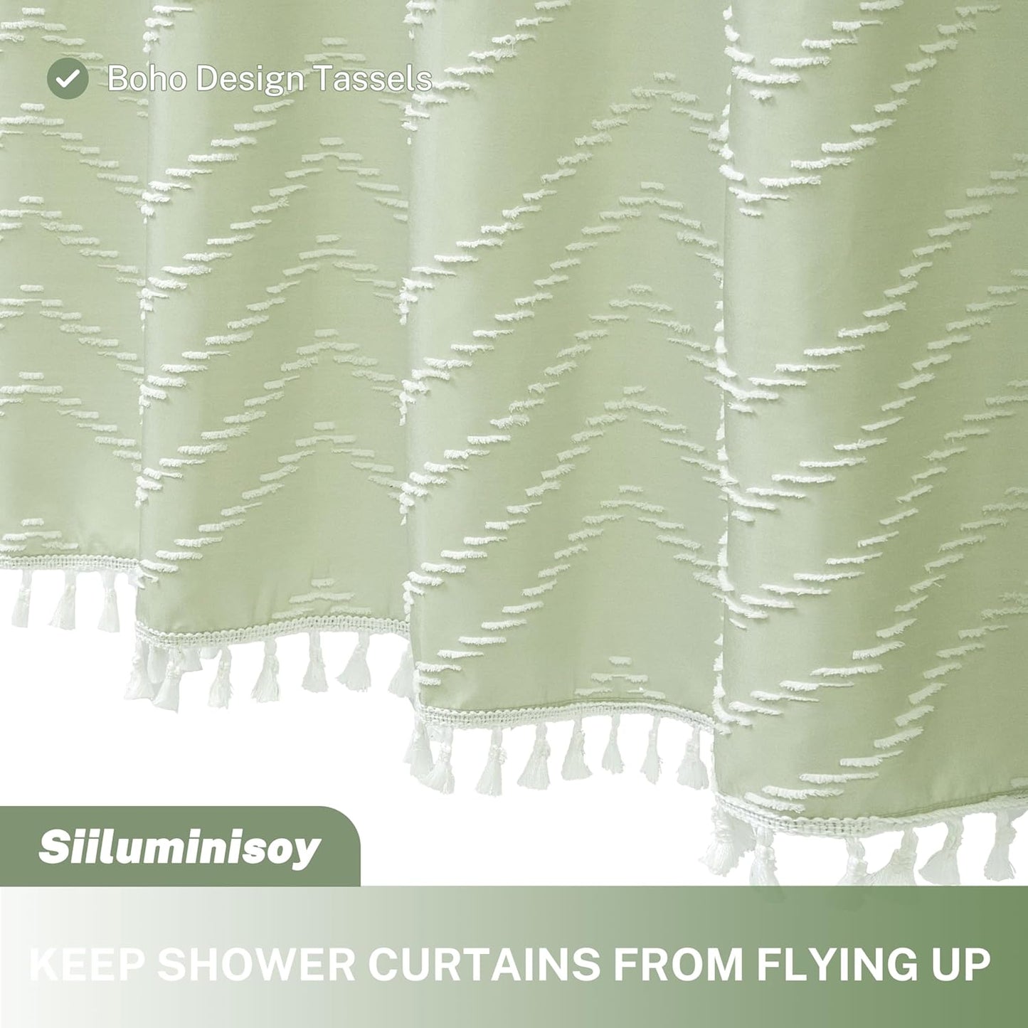 Extra Long Sage Green Boho Shower Curtain with White Tassel, Woven Fabric 84 in Shower Curtain, Tufted Chevron Striped, 72 x 84, Modern Chic Textured Minimalist Bathroom Shower