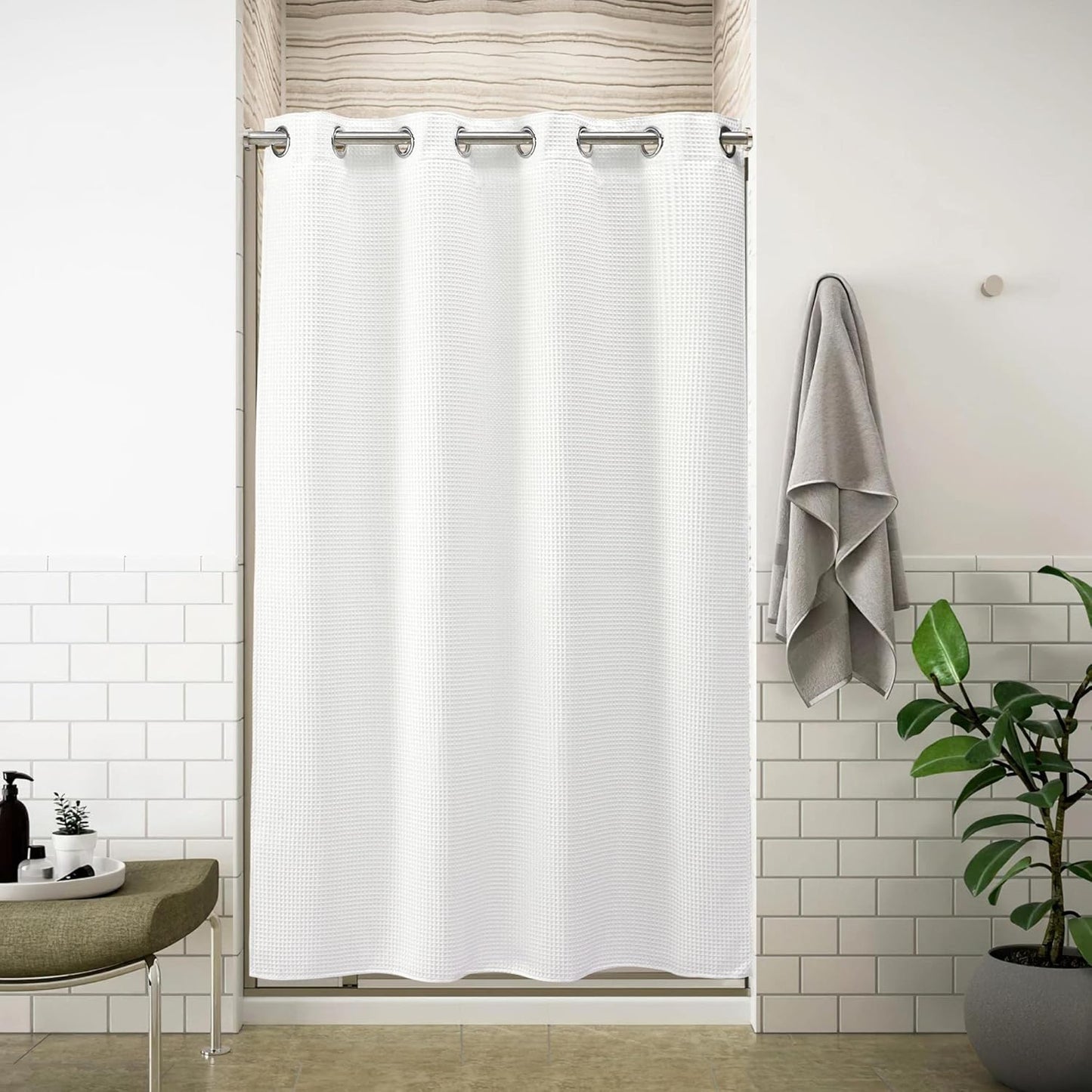 River Dream 54" W Stall No Hook Shower Curtain with Snap in Liner,Cotton Blend Small Shower Curtain for Bathroom,Hotel Quality,Magnets,White,54Wx80L
