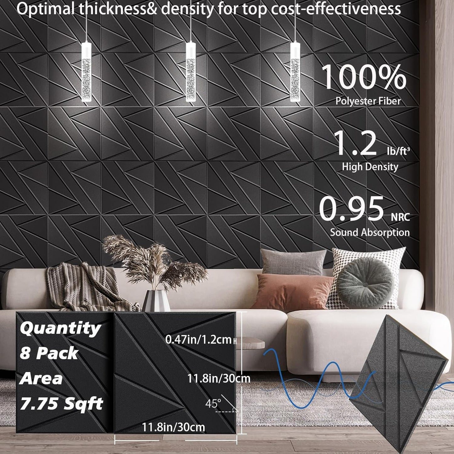 8 Pack Self-Adhesive Soundproof Wall Panels, 12 x 12 x 0.47 in Sound Proof Foam Panels for Walls, 1.2lb/ft³ High Density, Thicker 0.47in, Acoustic Panel, Peel and Stick Wall Panel Studio Black