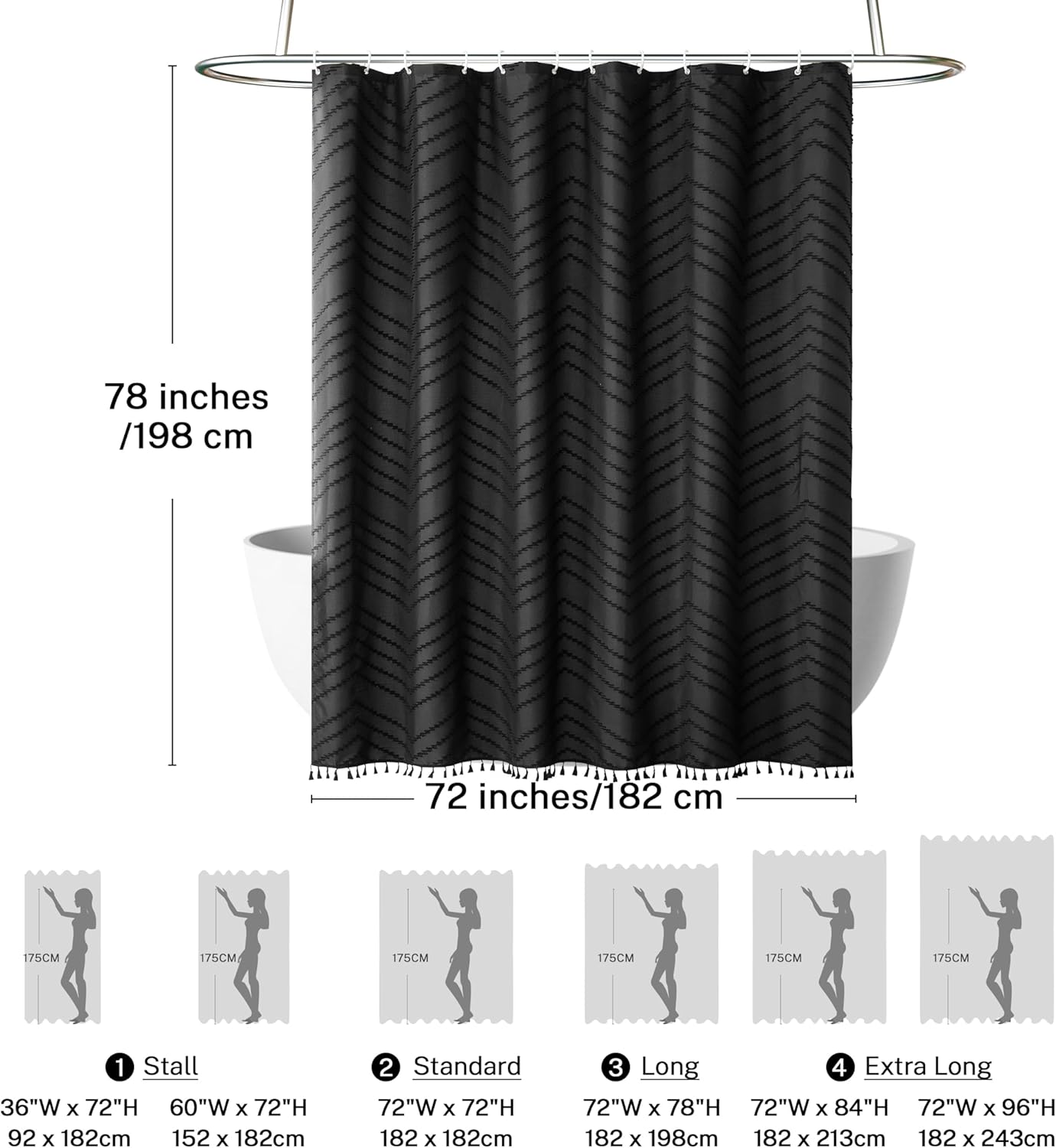 78 inch Shower Curtain Long Shower Curtain Black Tufted Chevron Striped Tall Fabric Boho Shower Curtains for Bathroom Modern Shabby Chic Waterproof Cloth Shower Curtains