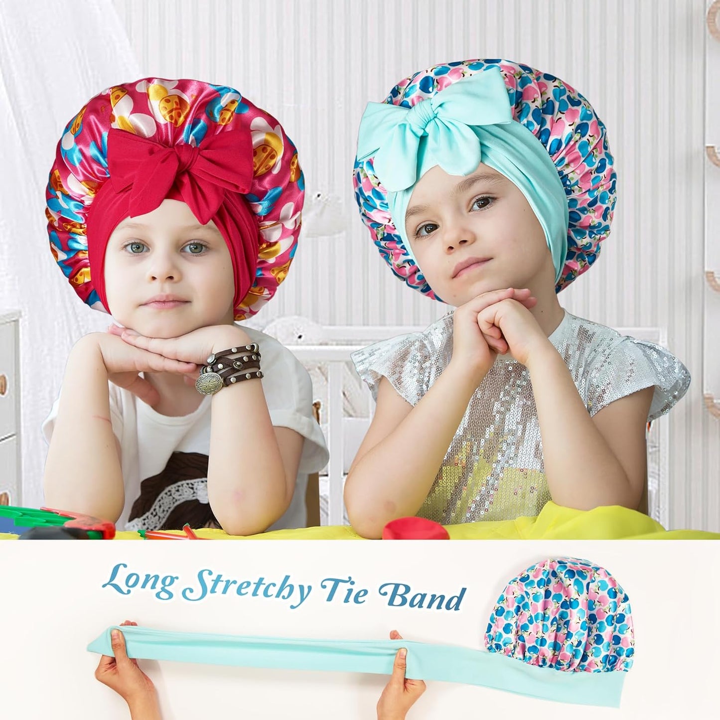 2 PCS Kids Bonnets for Girls, Silk Bonnet for Kids, Satin Bonnet for Sleeping, Baby Toddler Tie Bonnet Sleep Cap