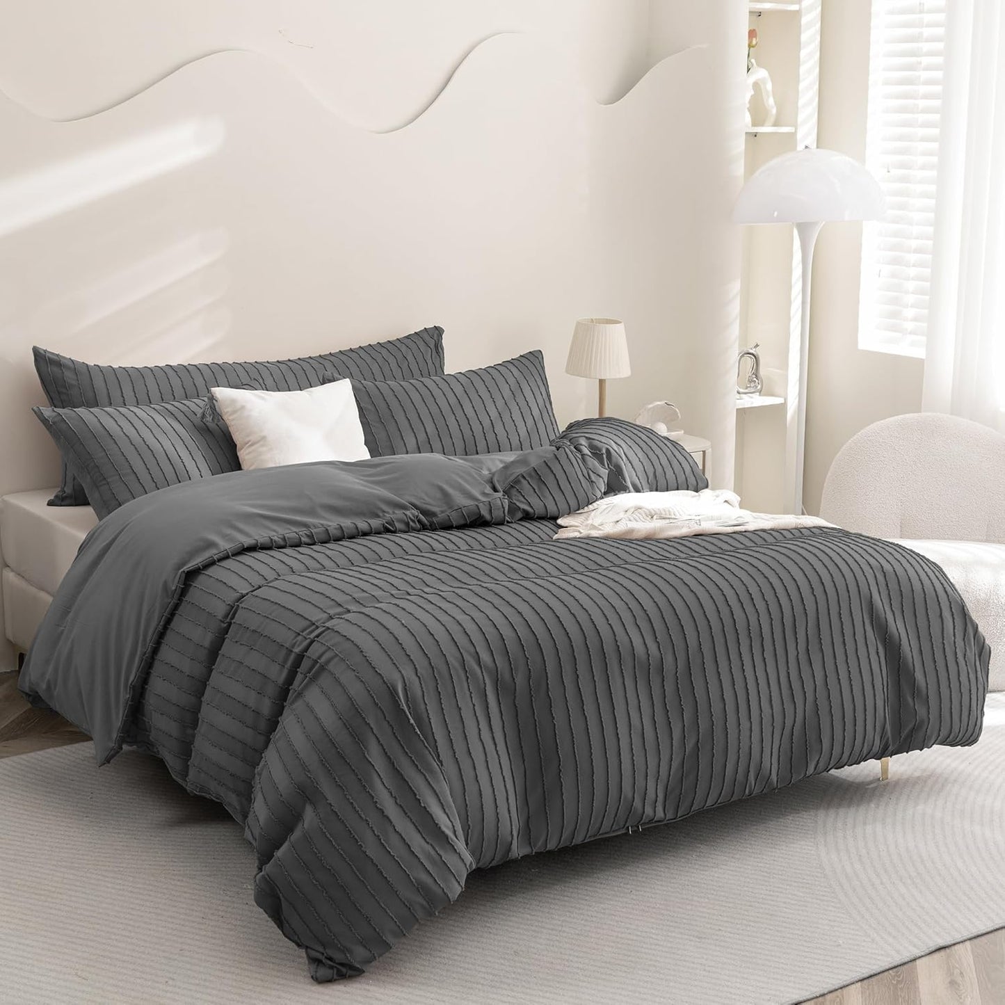 JELLYMONI Duvet Cover Twin Size Dark Grey - 3PCS Boho Striped Duvet Cover Set Polyester Tufted Bohemian Textured Comforter Cover 68×90in with Corner Ties & Zipper and 2 Pillowcases