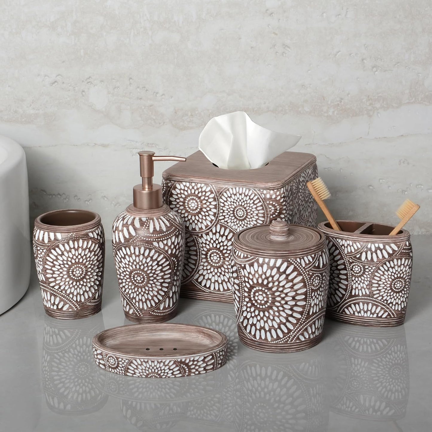 6-Piece Bathroom Accessories Set – Soap Dispenser, Toothbrush Holder, Tumbler, Soap Dish, Cotton Swab Jar & Toilet Brush – Modern Bathroom Decor Set (Ciccone)