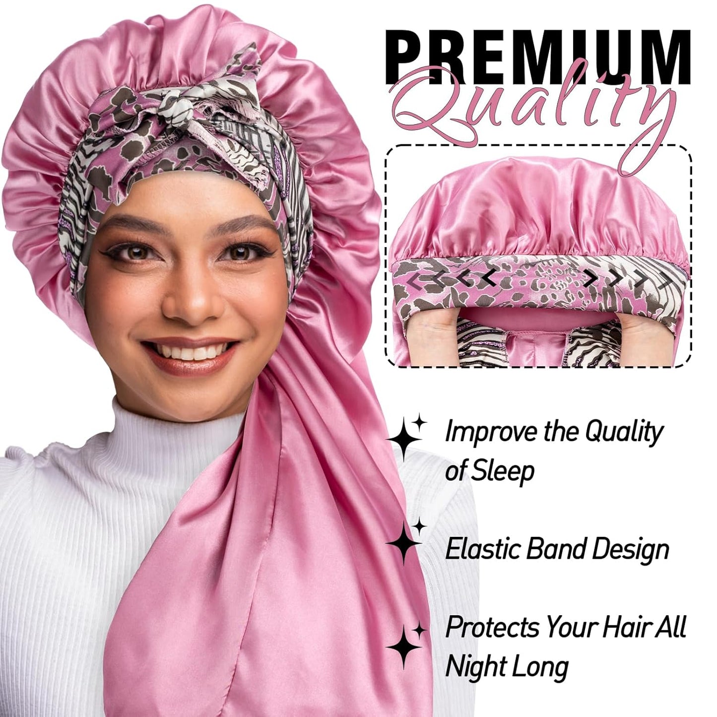 2Pcs Bonnets for Black Women Braid Bonnet, Large Long Satin Silk Bonnet for Braids,Black Women Braid Bonnet with Stretchy Tie Band for Sleeping Extra Long (Black & Pink Pattern)