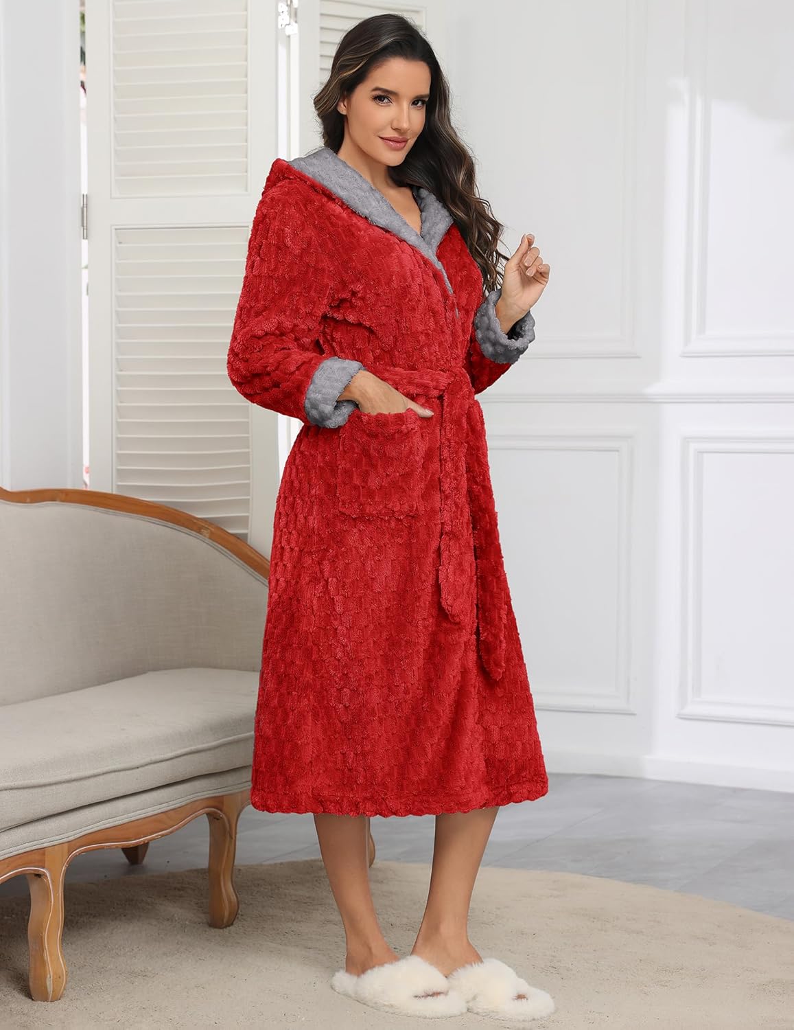 Ekouaer Womens Plush Robes Long Soft Jacquard Fluffy Bathrobe Hooded Robe Sleepwear with Pockets