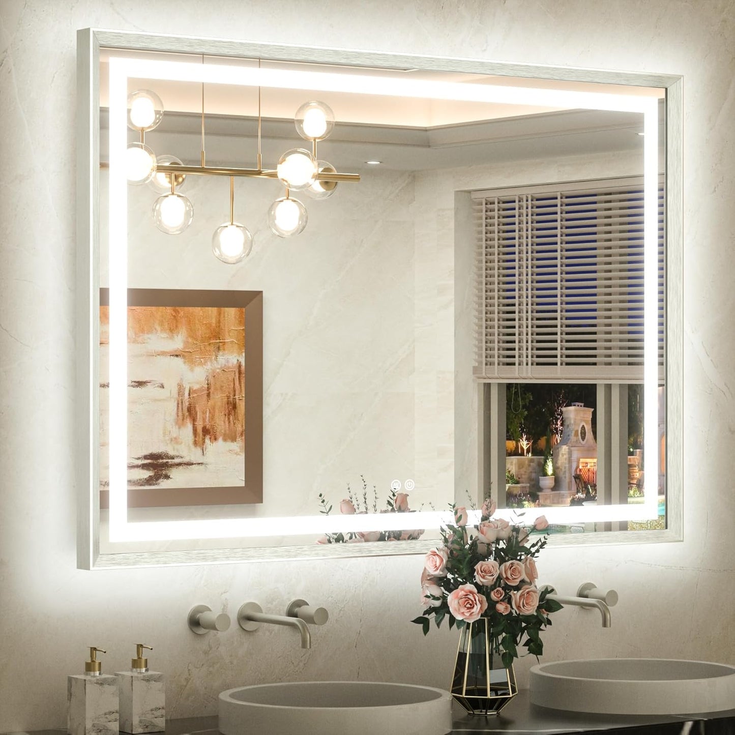 TETOTE 48 x 36 Bathroom LED Mirror Brushed Nickel Metal Frame Frontlit & Backlit Vanity Mirror Stepless Dimmable Anti-Fog 3 Colors White/Warm/Natural Light up Vanity Wall-Mounted