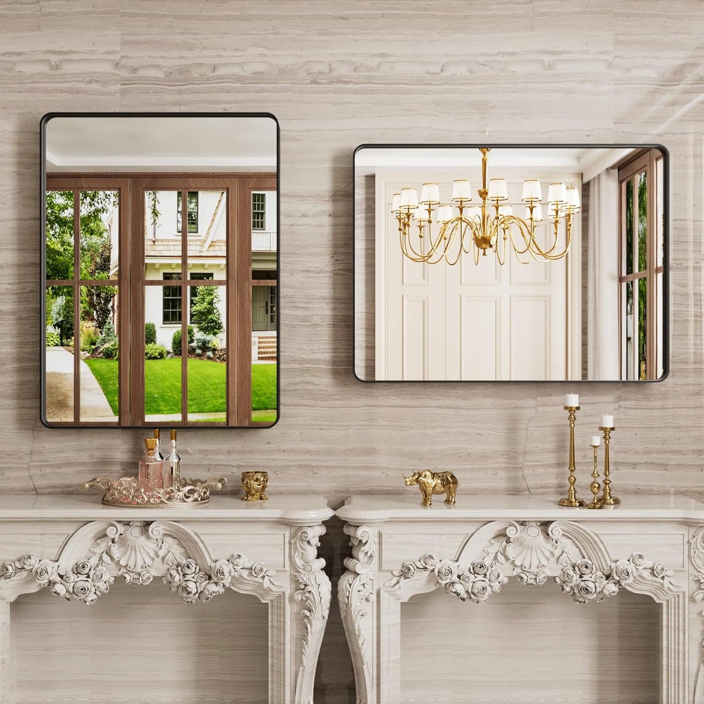 Black Bathroom Mirror 24X36 Inch, Black Metal Framed Mirror for Wall, Rounded Rectangle Matte Bathroom Vanity Mirror with Tempered Glass, Anti-Rust, Horizontal/Vertical