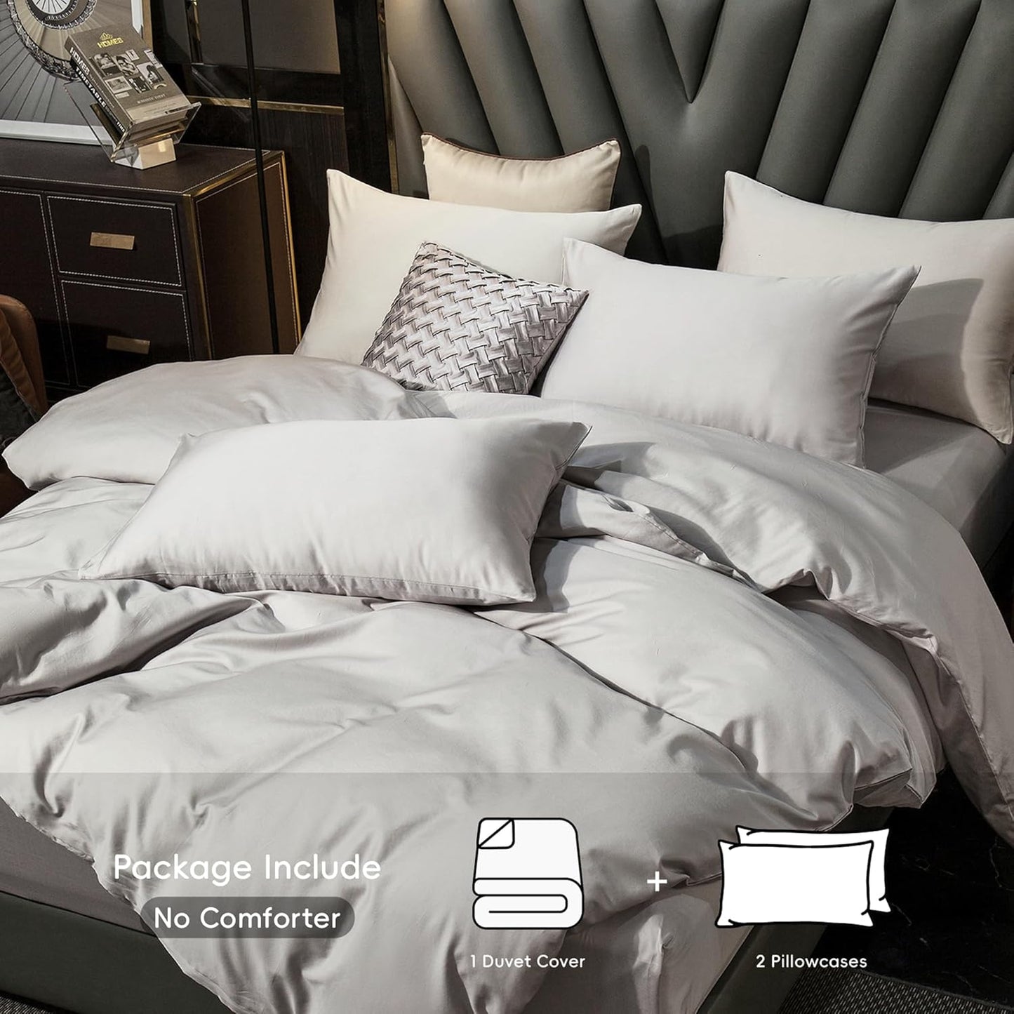 MooMee Duvet Cover Set 100% Extra Long Staple Cotton 600 Thread Count Silky Sateen Smooth Luxury Soft Breathable Durable Hotel Quality Bedding, 3 Pieces (Silver Gray, Queen 90"x90")