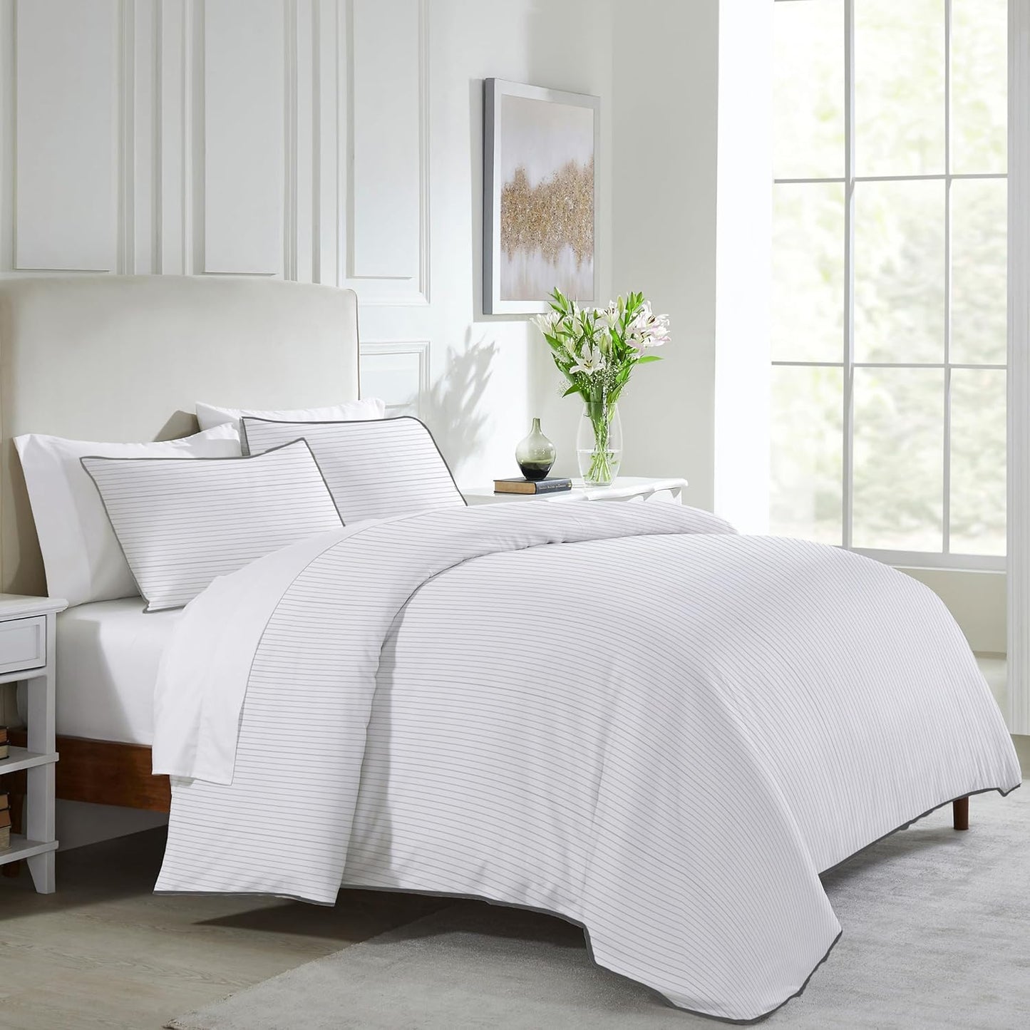 California Design Den 3-Pc 100% Cotton Striped Duvet Cover Set Queen Size, 400 Thread Count Smooth Sateen Weave, Printed Bedding Set with Button Closure and Corner Ties (Pinstripe, Full/Queen)