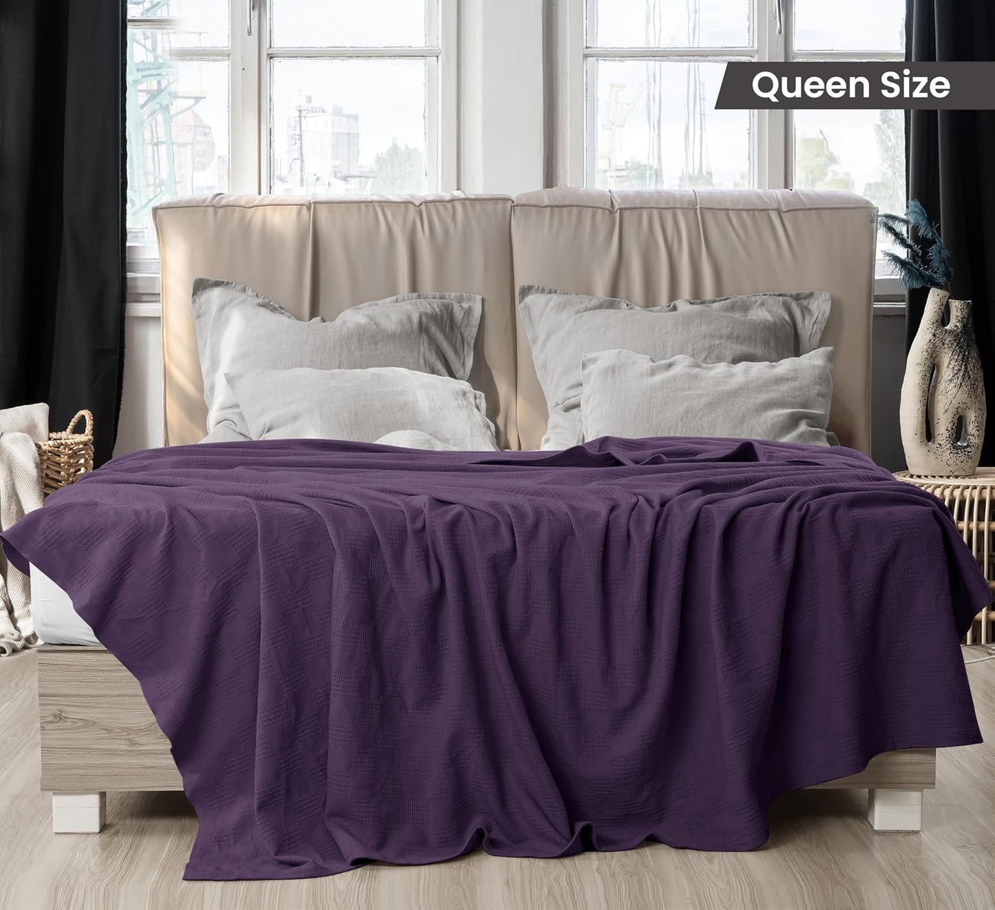Utopia Bedding Plum 100% Cotton Blanket [Queen Size - 90x90 Inch] 350GSM Lightweight, Soft and Breathable Thermal Blanket for All Seasons