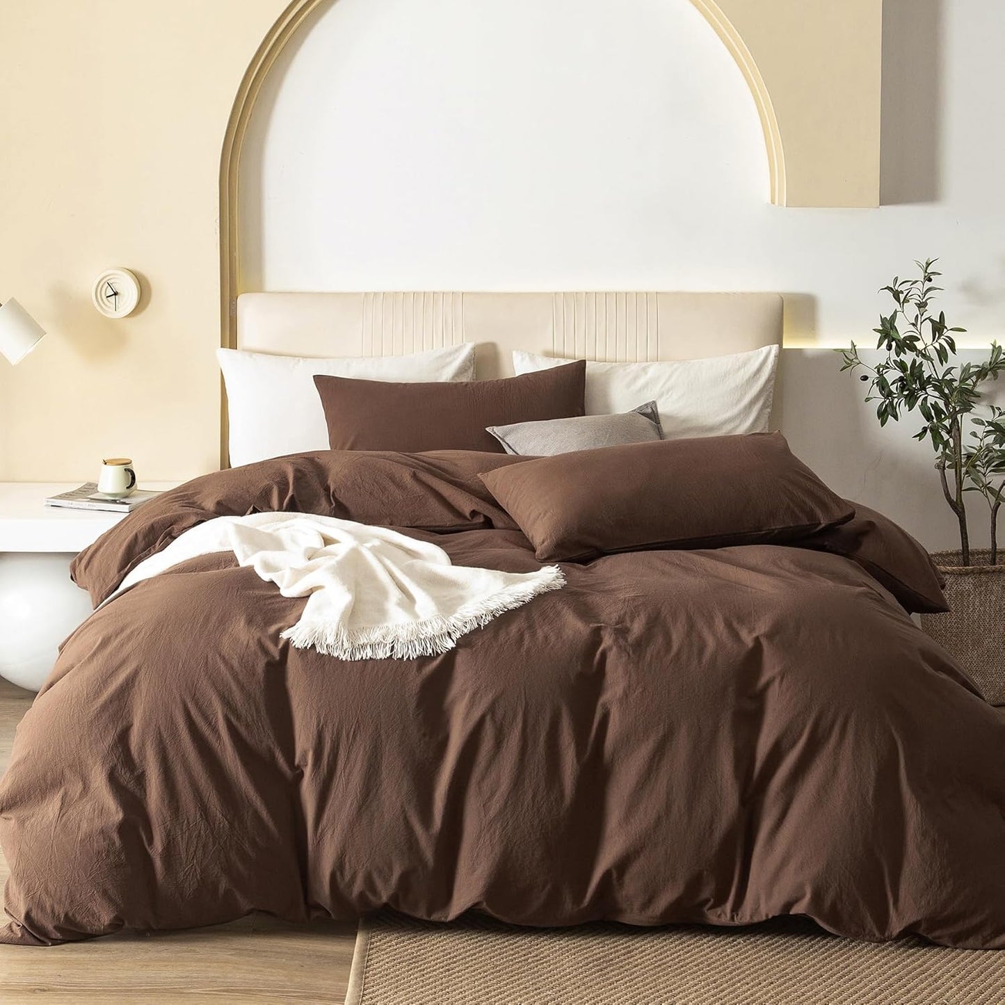 JIYUAN 100% Washed Cotton Duvet Cover Set 3 Pieces Oversized Queen, 1 Duvet Cover 98x98 Inches(Comforter Not Included) and 2 Pillowcases,Linen Feel Bedding Set Comfy and Breathable,Chocolate Brown