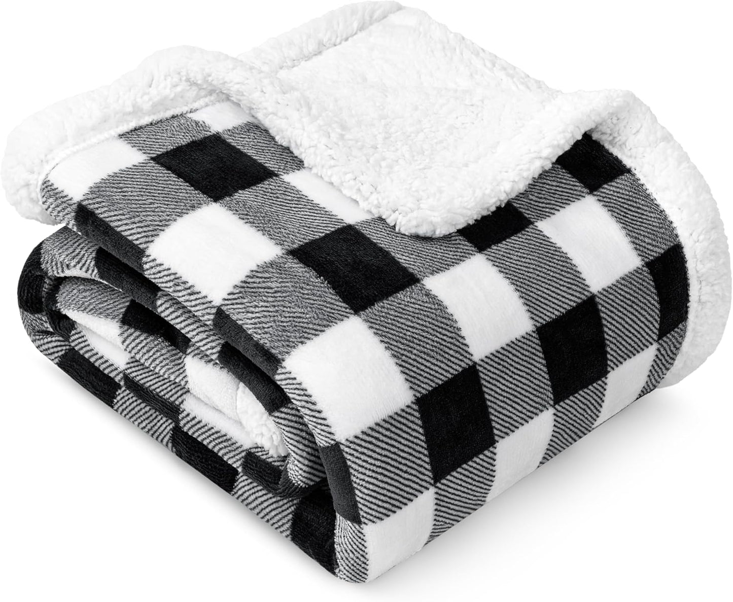 PAVILIA Black and White Buffalo Plaid Sherpa Throw Blanket for Couch Twin, Soft Fuzzy Flannel Blanket for Bed, Plush Checkered Fleece Blanket and Throws, Warm Thick Winter Blanket Gift, 60x80