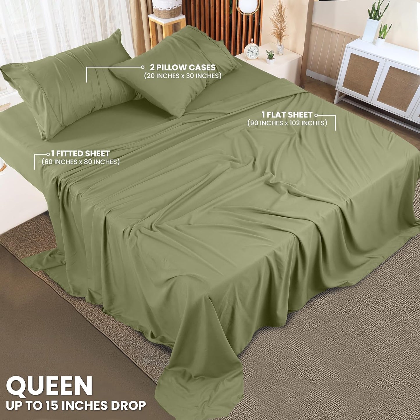 Utopia Bedding Queen Sheet Set – 4 Piece Bed Sheets for Queen Size Bed, Soft and Breathable Microfiber, Includes 1 Fitted Sheet, 1 Flat Sheet and 2 Pillowcases (Olive)