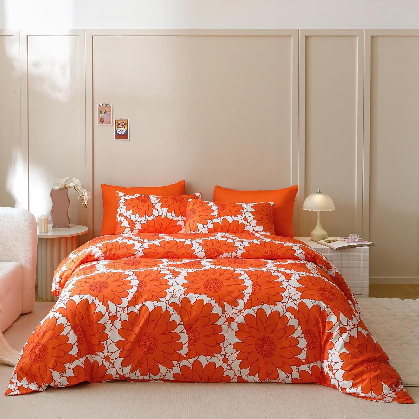 KAREVER Orange Sunflower Comforter Set King Size Orange Sunflower Bedding Set 3 PCs Comforter Set King Size Fluffy Linen Comforter Sets