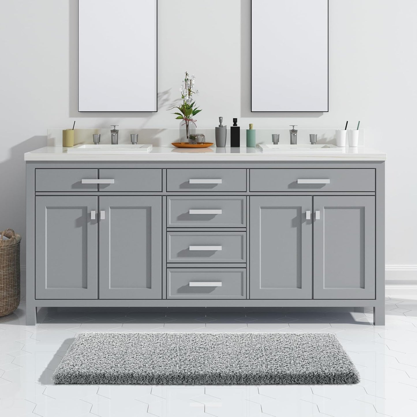 Yimobra Fluffy Plush Bath Rug, Super Shaggy Soft Comfortable Non Slip, Water Absorbent Microfiber Bath Mat, Dries Quickly, Machine Washable Thick Bathroom Rugs for Shower, 47"x 24", Pure Gray