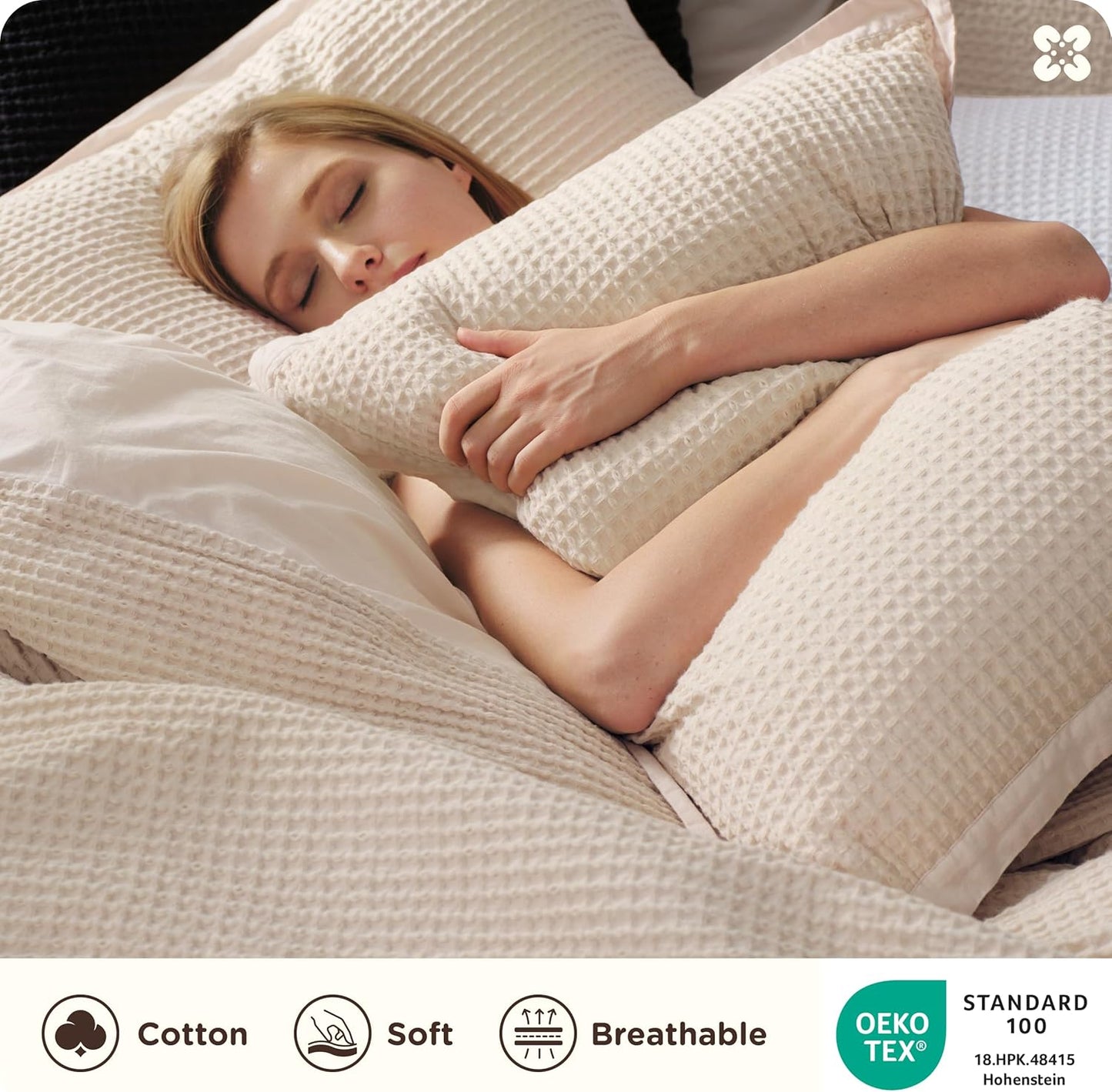 Bedsure Cotton Duvet Cover King - 100% Cotton Waffle Weave Beige Duvet Cover King Size, GentleSoft™ and Breathable Bedding Set for All Season, 3 Pieces, 104"x90"