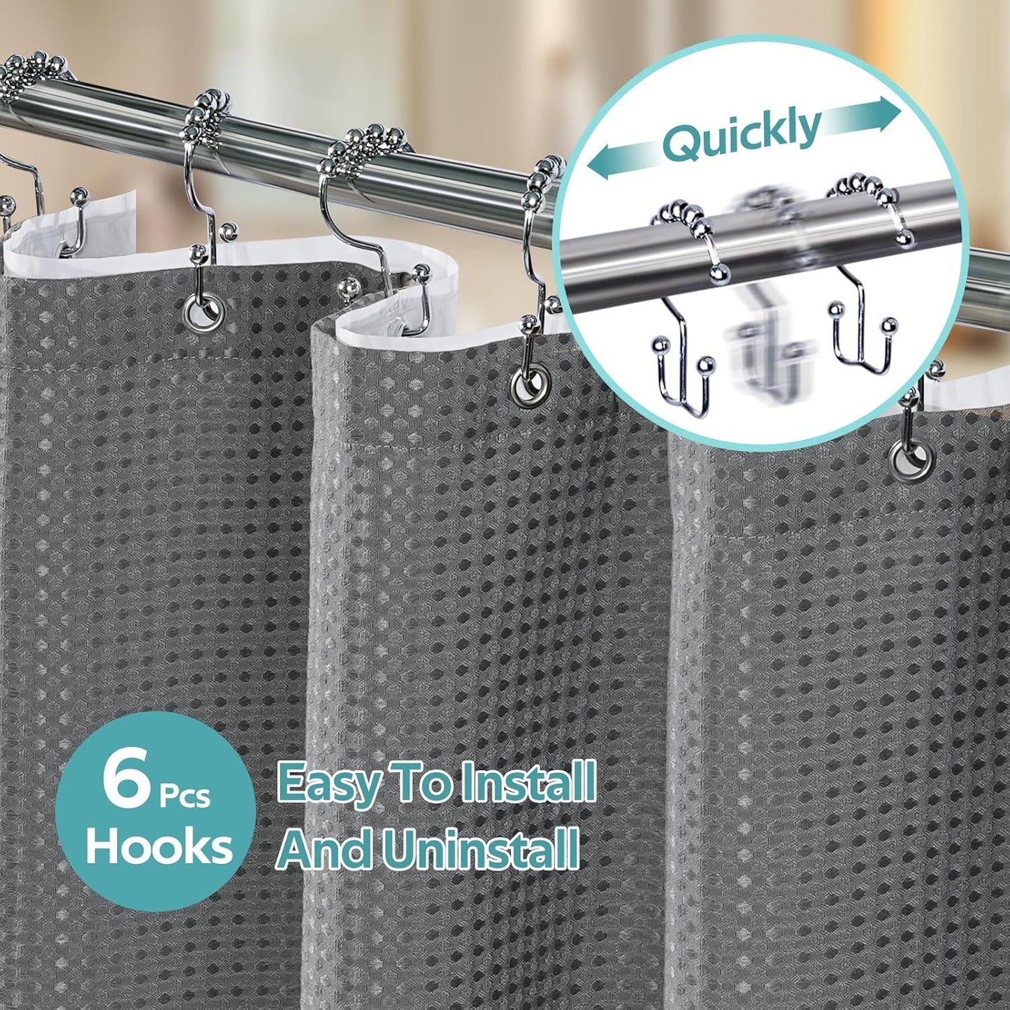 3 in 1 Shower Curtain Set, Waffle Shower Curtain and Liner Set with 6 Double Sided Shower Curtain Hooks, 258GSM Luxury Weighted Cloth Shower Curtains for Bathroom, 36 W x 72 H, Grey