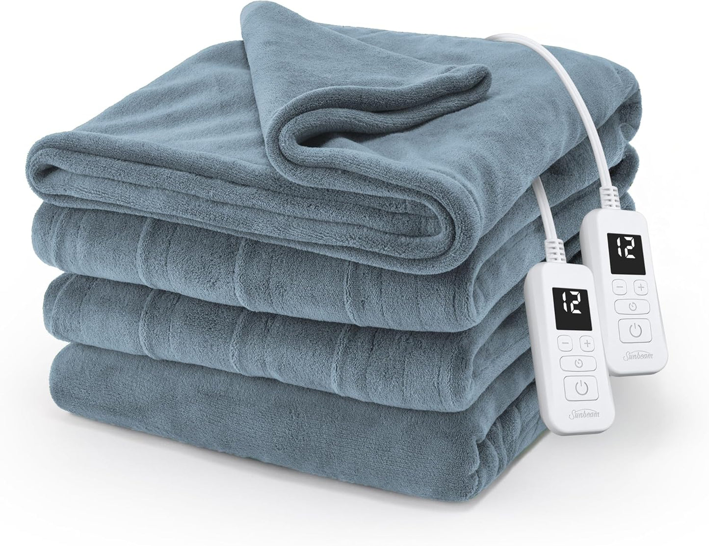 Sunbeam Electric Royal Luxe Microplush Heated Blanket, 12 Heat Settings, 12-Hour Auto Shut-Off, Fast Heating, Warm and Cozy, Cadet Blue Color, Queen (90" x 84")