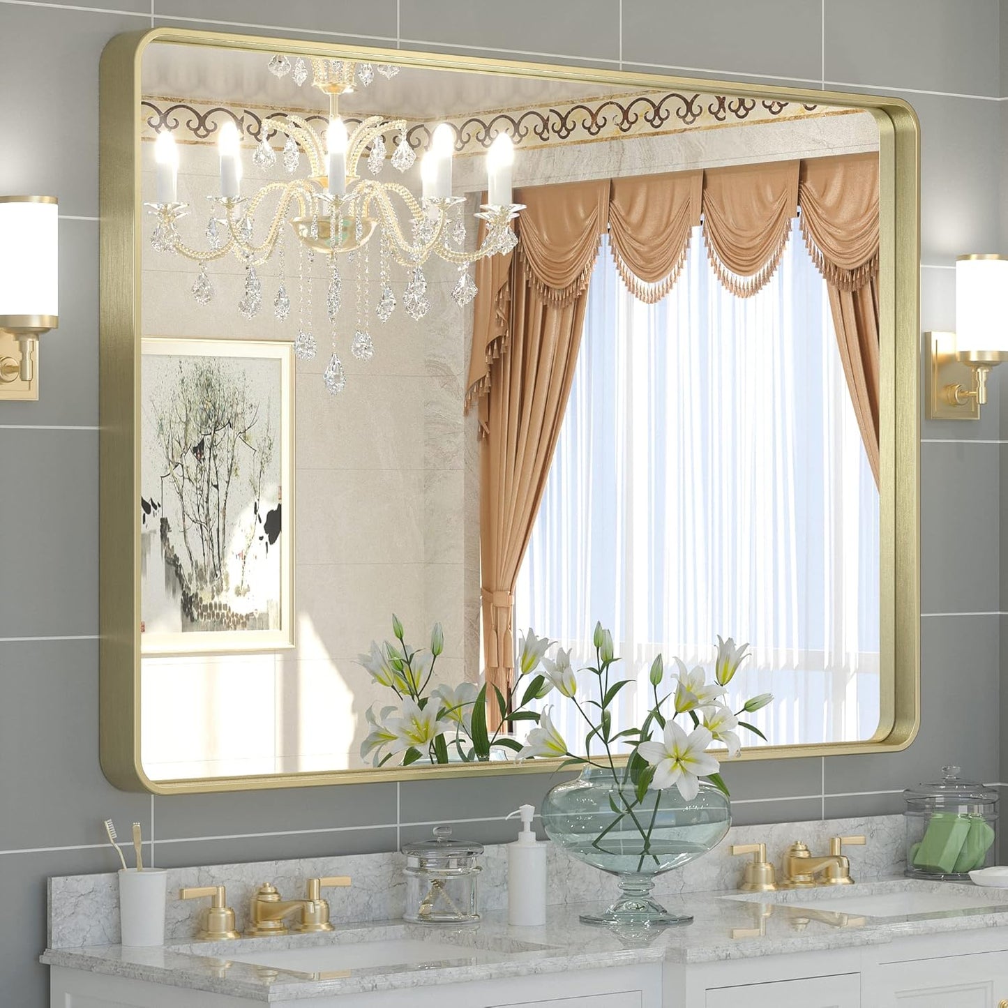 TETOTE 48 x 36 Inch Gold Bathroom Mirror, Champagne Gold Brushed Metal Framed Modern Vanity Mirror, Brushed Brass Rectangle Decorative Wall Mirrors Shatterproof (Horizontal/Vertical)