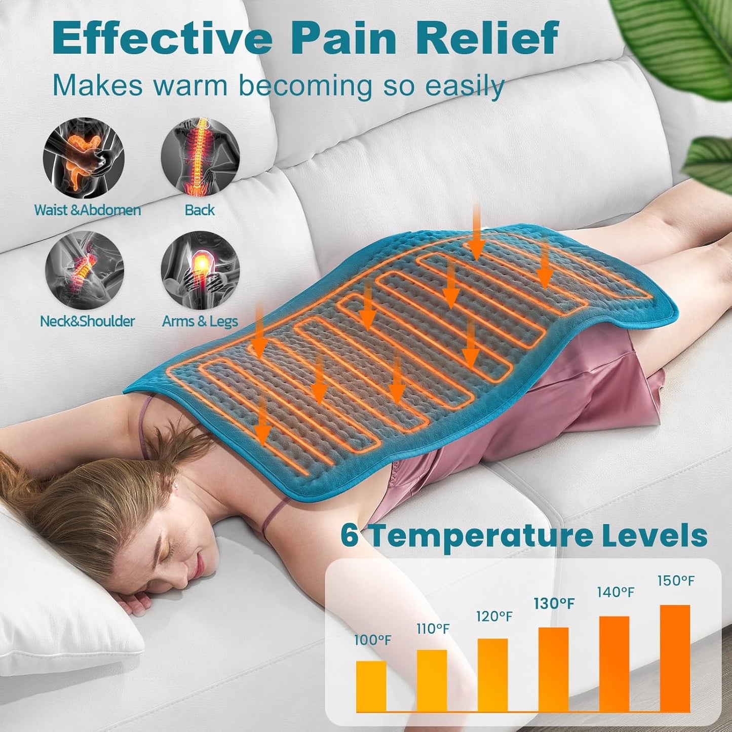 Heating Pad for Back Pain and Cramp Relief, Extra Large 17" x 33" Size Electric Heating Pad for Shoulder Neck Pain with 6 Temperature Level and 6 Timer Settings Auto Shut Off
