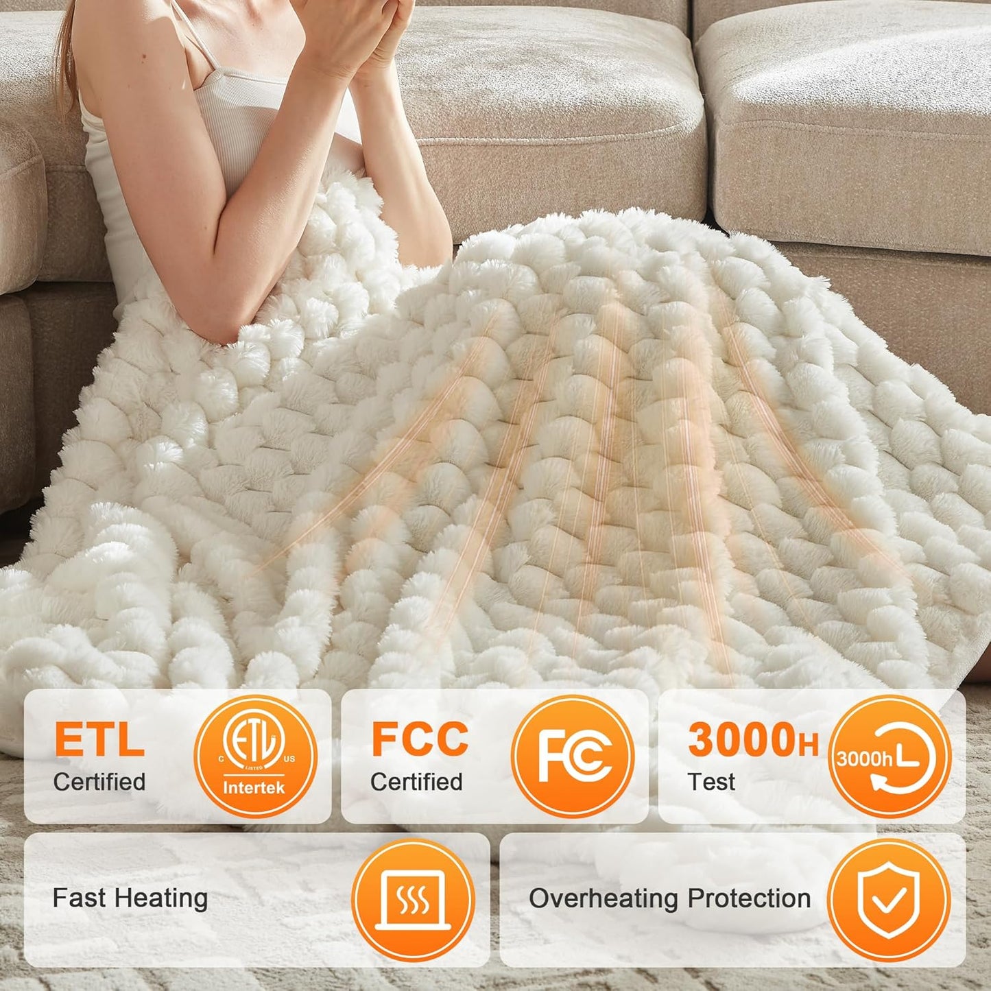 CCU-Warmth Heated Throw Blanket - Fast Heating 3D Jacquard Electric Heated Blanket, Cozy Heating Blanket with 6 Heating Settings & 4 Hours Auto-Off, 50"x60", White