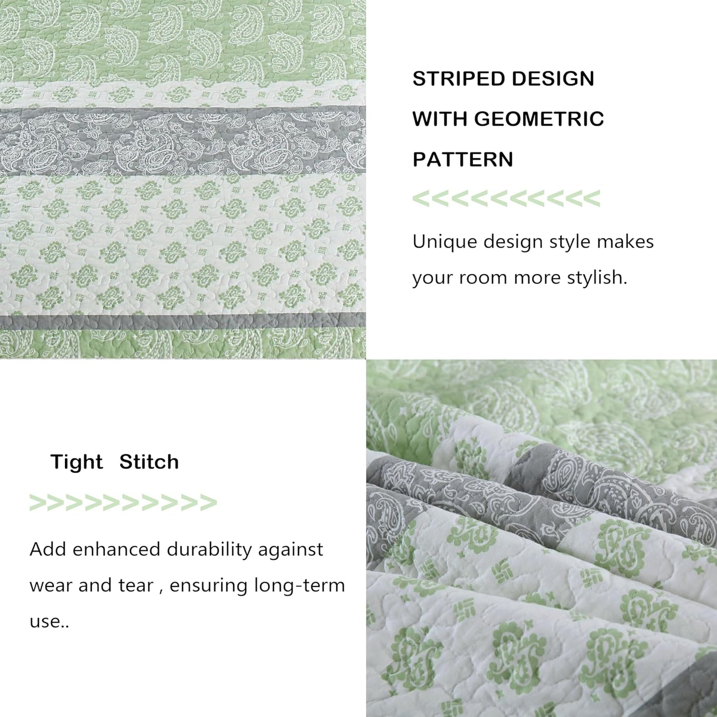 Cotton Quilt King, Sage Green Comforter Set, Green/White/Grey Striped King Bedspread,Farmhouse Quilt Bedding Set, Luxury Lightweight 3 Piece
