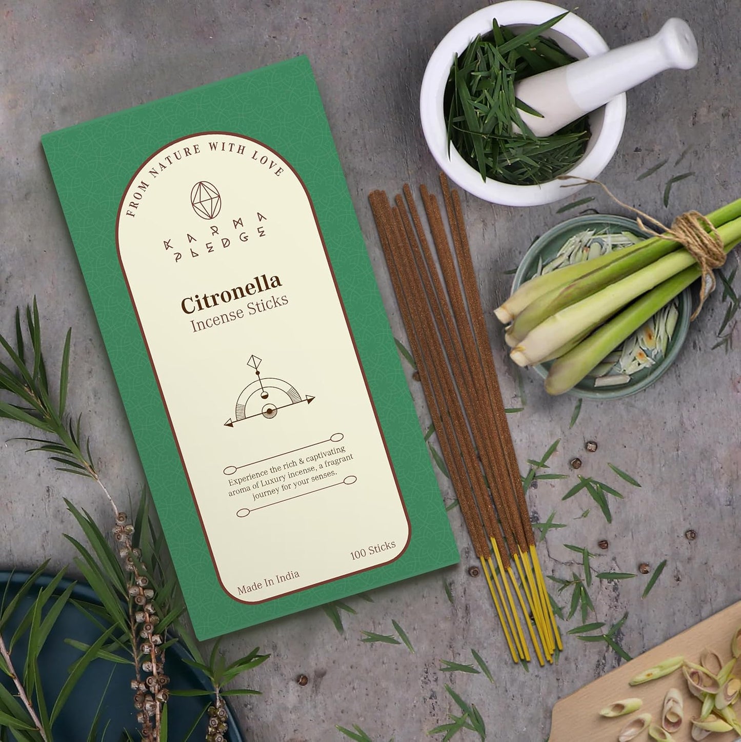 Citronella Incense Sticks, Organic Hand Dipped 100 Sticks with Natural Herbs & Aromatic Ingredients, Burn Time 45 to 60 Minutes, Incense for Positivity, Yoga, Meditation, Relaxation, Spiritual Gift