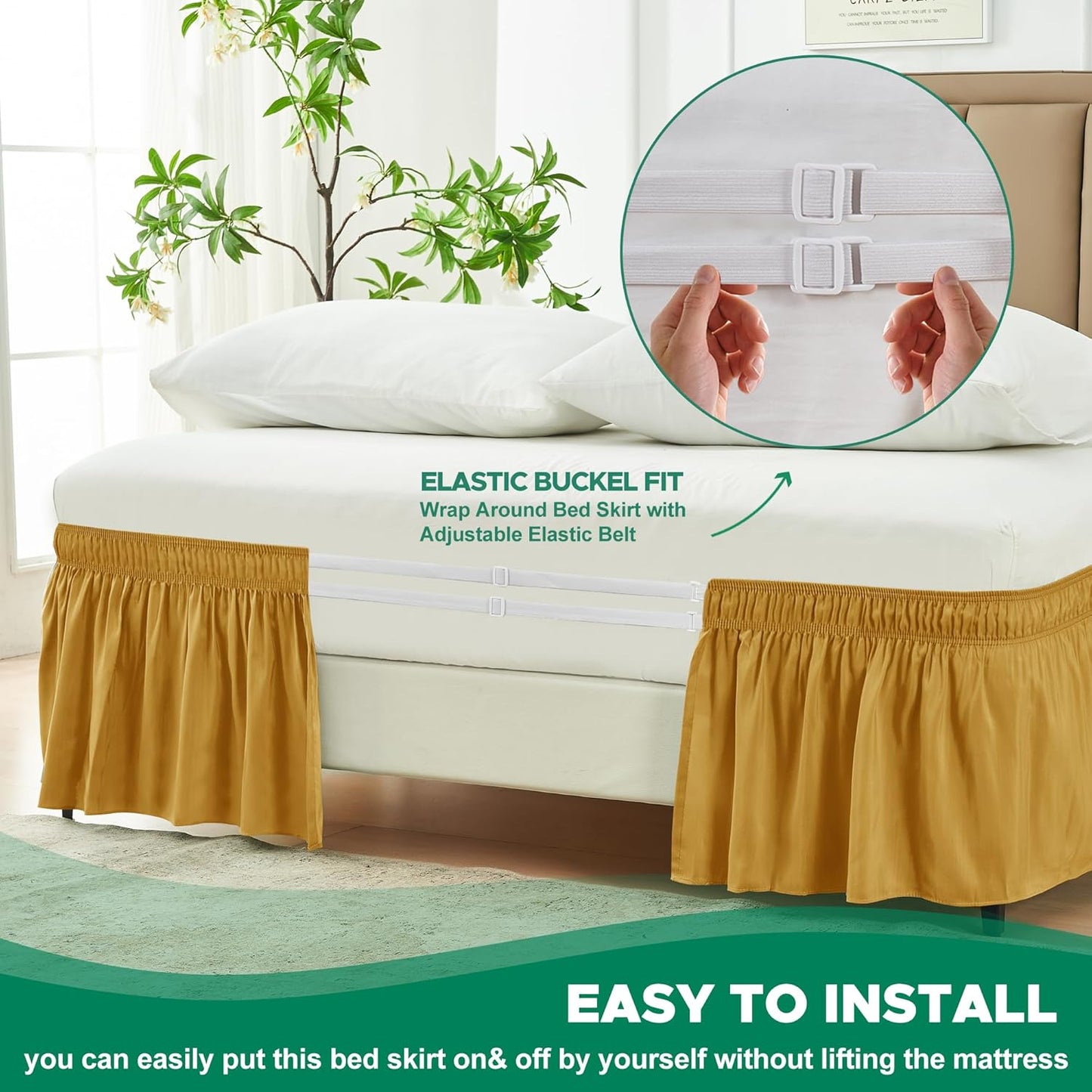 Biscaynebay Wrap Around Bed Skirts for King & Cal King Beds 16" Drop, Gold Adjustable Elastic Dust Ruffles Easy Fit Wrinkle Resistant Silky Luxurious Fabric Machine Washable