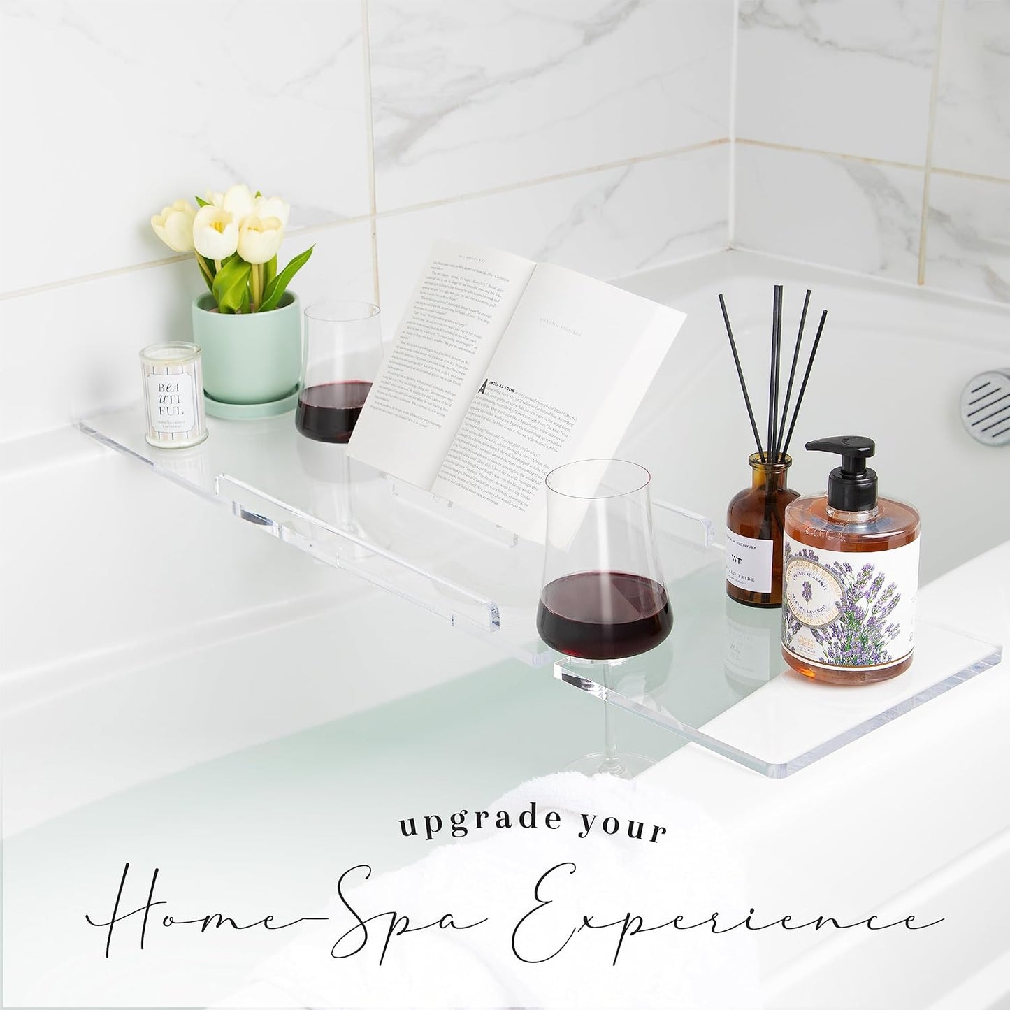 34" Supreme Plus- Luxury Bathtub Tray Caddy- 3/8" Thick, Clear Bath Tub Tray Table for 1 or 2 Bathers, Acrylic Bathtub Caddy, iPad and 2 Wine Glass Holders (Supreme Plus, 34")