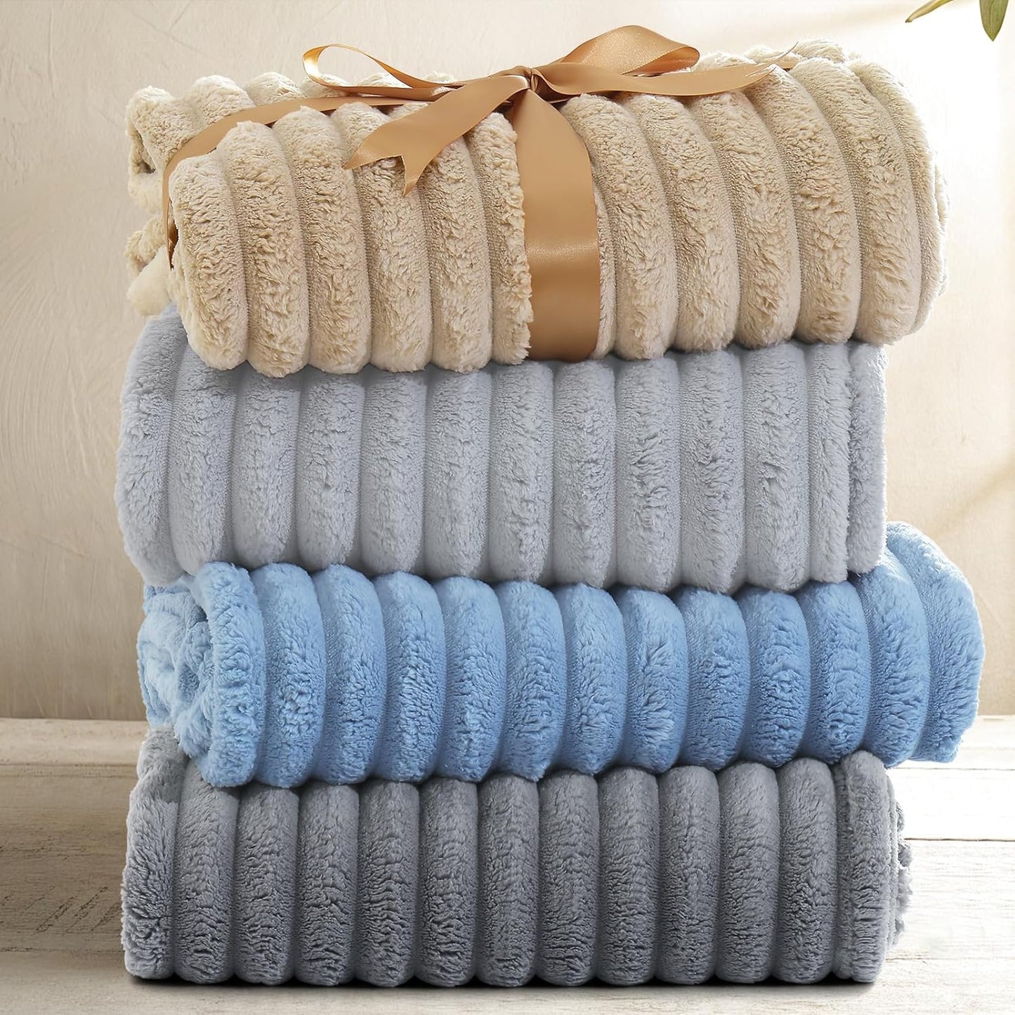 decorUhome Christmas Soft Fleece Grey Twin Blanket for Bed, Cozy Fluffy Plush Flannel Striped Throws for Couch Sofa, Lightweight Decorative Ribbed Fuzzy Blanket for Woman, 60x80 Inches