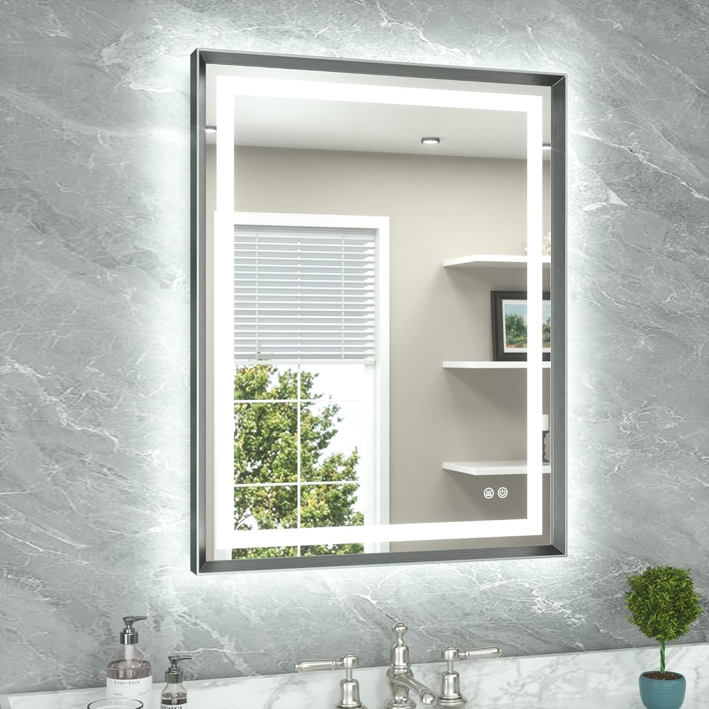 TETOTE 28 x 36 Bathroom LED Mirror Brushed Gunmetal Gray Frame Frontlit & Backlit Vanity Mirror Anti-Fog Stepless Dimmable 3 Colors White/Warm/Natural Wall-Mounted