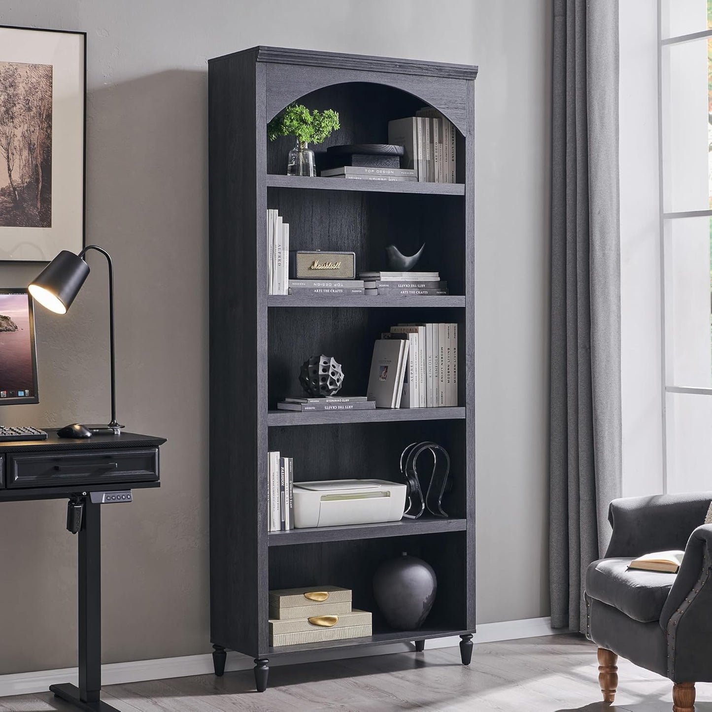 76" Tall Arched Bathroom Storage Cabinet, 5 Tiers Large Farmhouse Arched Cabinet w/Adjustable Shelves, Modern Wooden Storage Cabinet for Bathroom, Living Room, Entryway, Study Room (Dark Grey)