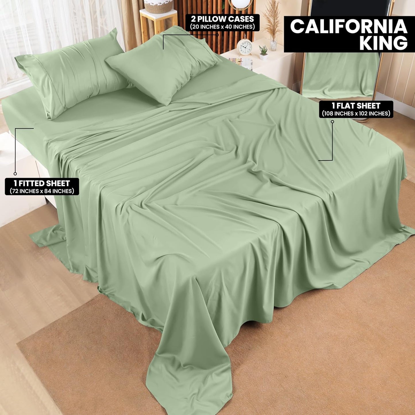 Utopia Bedding California King Sheet Set – 4 Piece Bed Sheets for Cal King Size Bed, Soft and Breathable Microfiber, Includes 1 Fitted Sheet, 1 Flat Sheet and 2 Pillowcases (Sage)