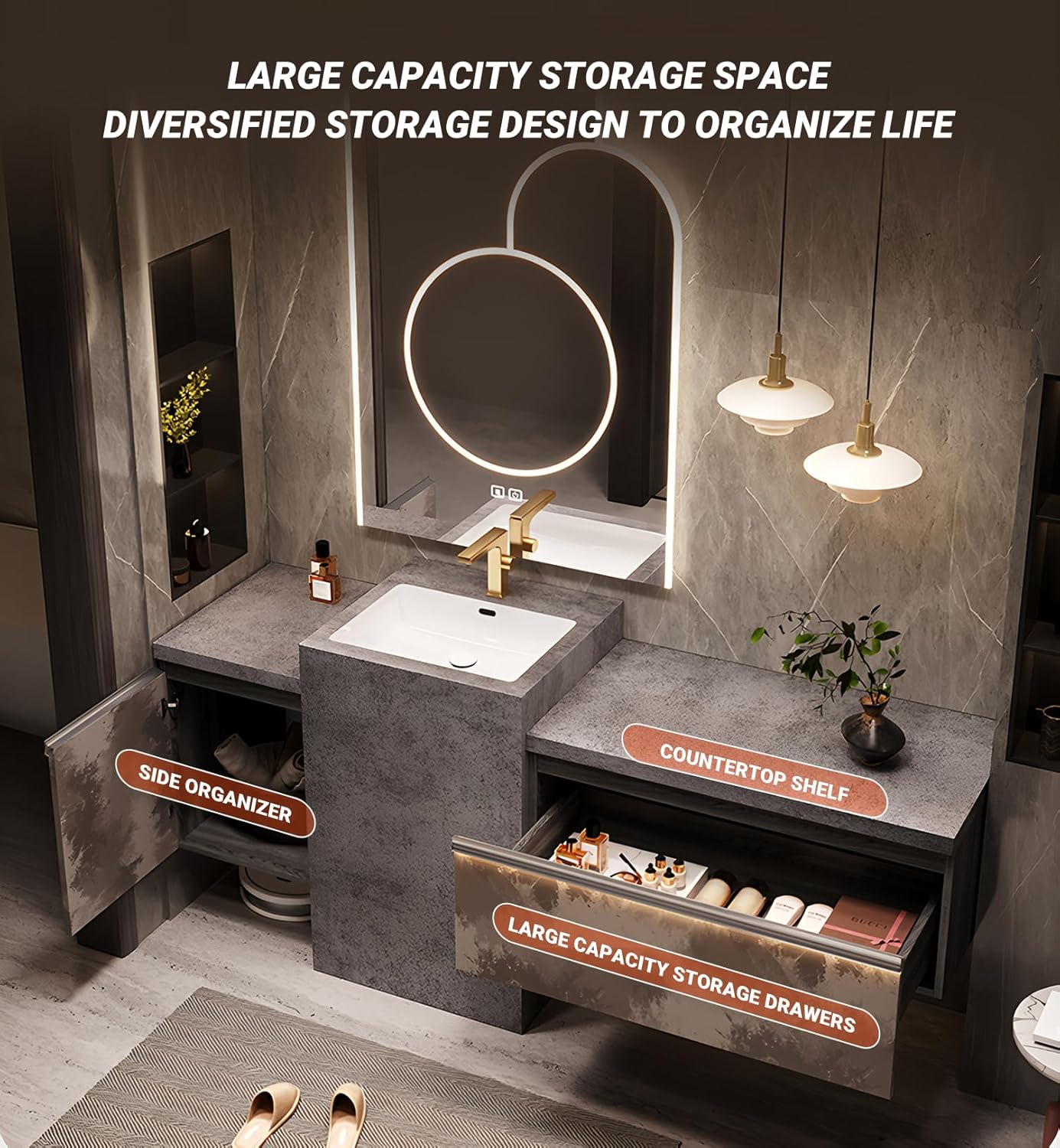 Single Sink Freestanding Bath Vanity, Modern Bath Vanity with LED Smart Mirror, 60IN Solid Wood Floating Bathroom Sink Cabinet with Marble Slate Top and Large Storage Drawer