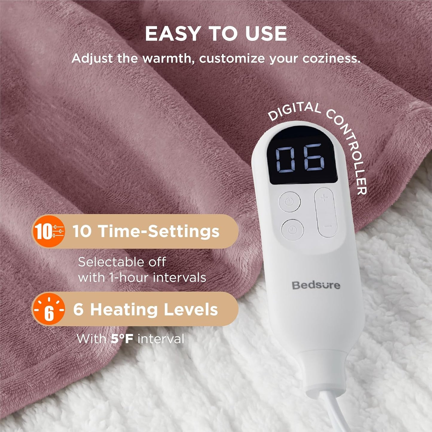 Bedsure Electric Blanket Full Size - Soft Flannel Heated Blanket, Fast Heating with 10 Time Settings & 6 Heat Settings, Warm Gift for Grandma (72x84 inches, Woodrose)