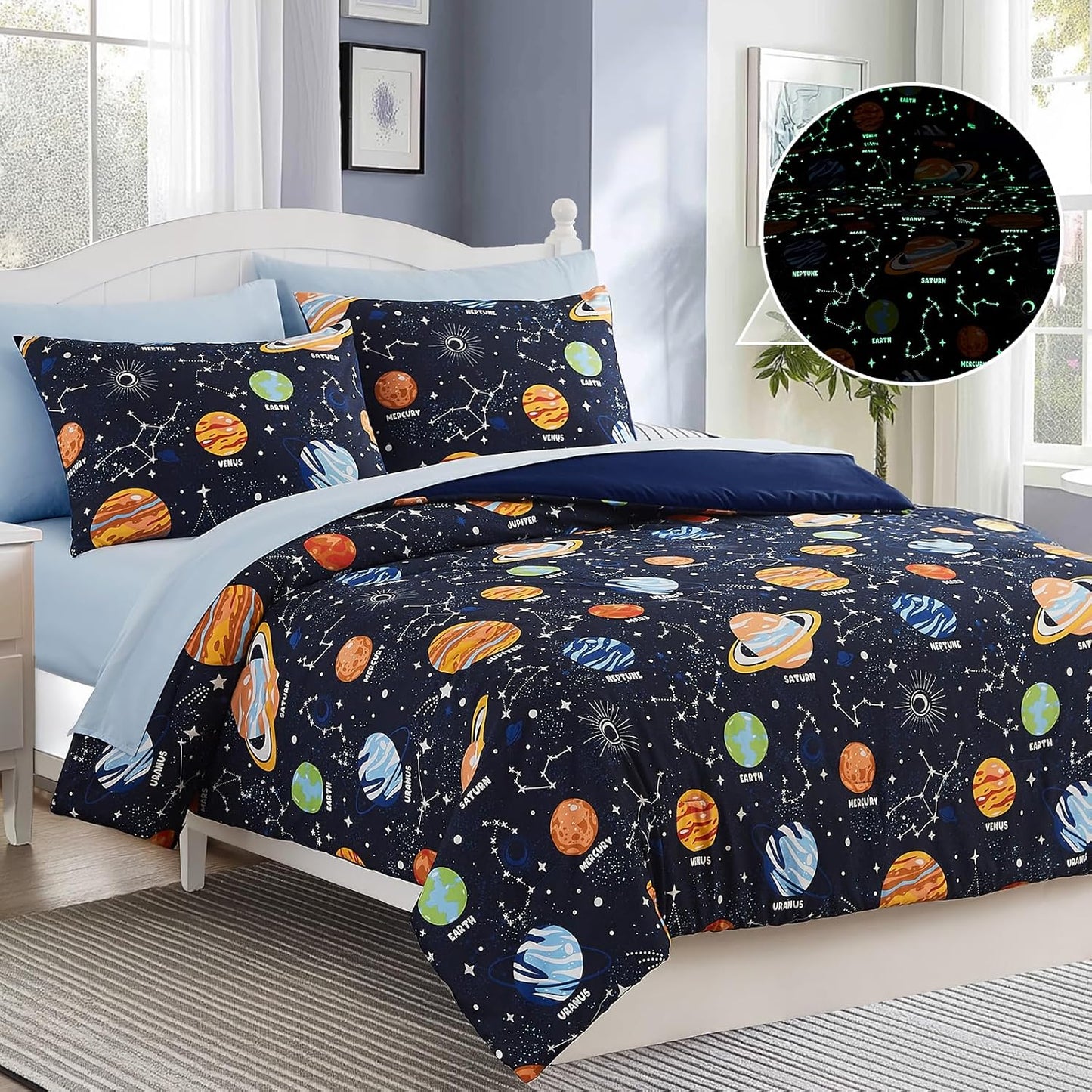 Twin Comforter Set for Boys-5 Pieces Space Glow in The Dark Twin Bedding Sets for Kids, Ultra Soft Bed in A Bag with Sheets