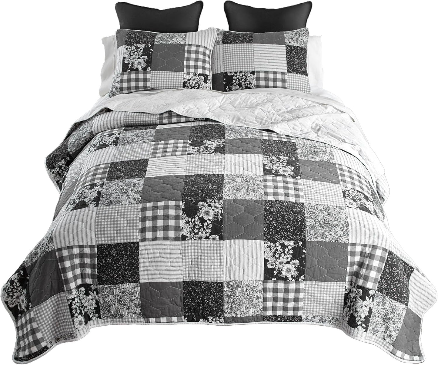 Donna Sharp Indiana Farmhouse Pieced Cotton Quilted Bedding Set - 3-Piece King Size Quilt Set - Includes 1 Quilt and 2 Pillow Shams - Machine Washable - Perfect for Rustic Decor