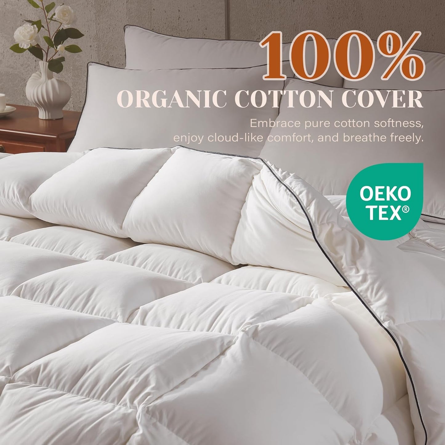 Goose Feather Down Fiber Cotton Comforter King Size, Ultra-Soft Duvet Insert, Hotel Collection White Quilted Comforter, All Season Bedding Comforter with 8 Corner Loops, 106x90 Inch