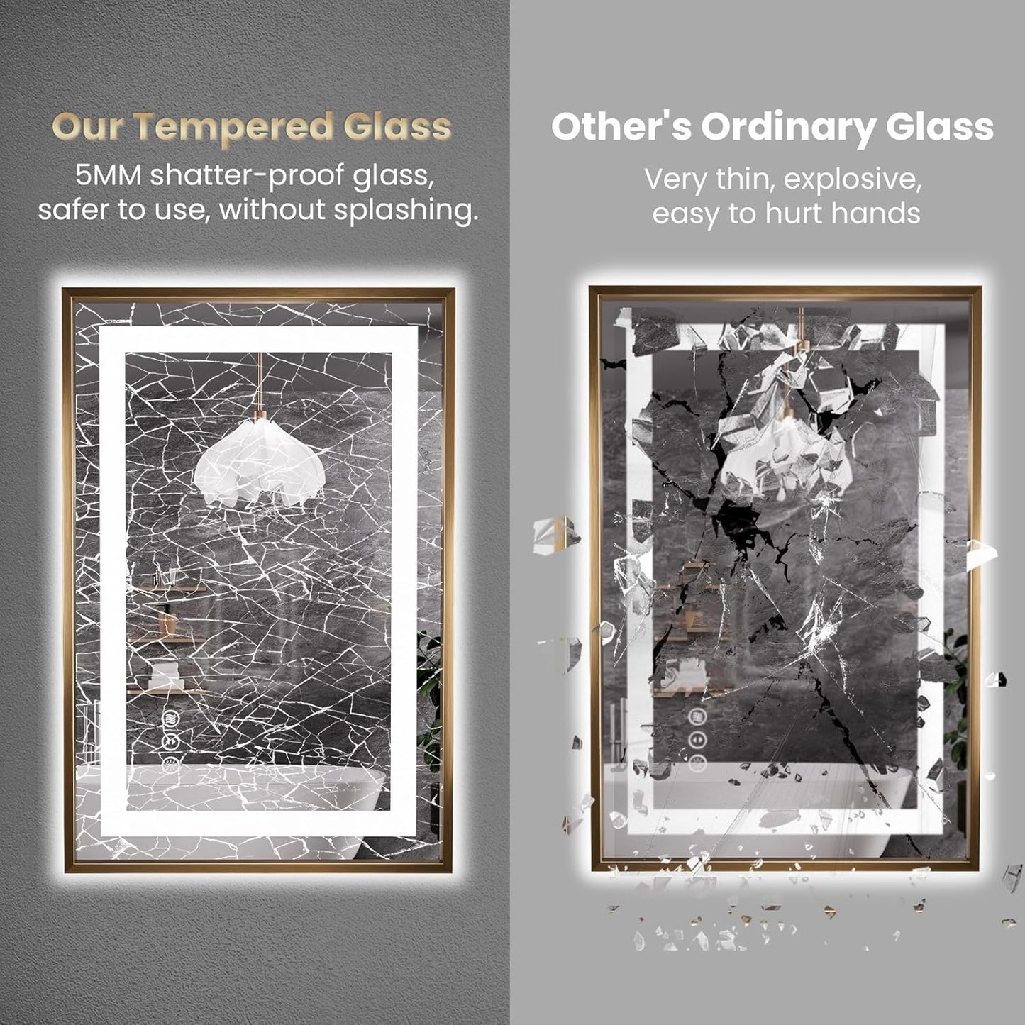 Amorho 48"x 40" Gold LED Bathroom Mirror, Metal Framed Mirror with Front Light and Backlit, Stepless Dimmable, Anti-Fog, Shatter-Proof, Memory, 3 Colors