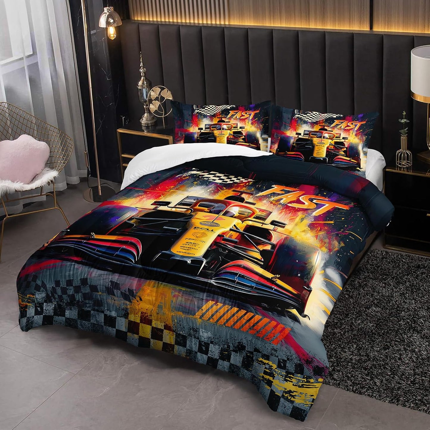 F1 Race Car Comforter Set Twin for Boys，Boys Twin Size Bedding Set Race Car，with 1 Comforter with 2 Pillow Case，F1 Race Car Themed Bedroom Decor