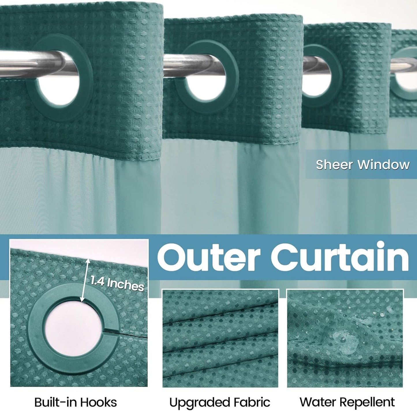Seaweed Green No Hook Shower Curtain with Snap in Liner,230GSM Waffle Weave Shower Curtains for Bathroom,71W x 74H