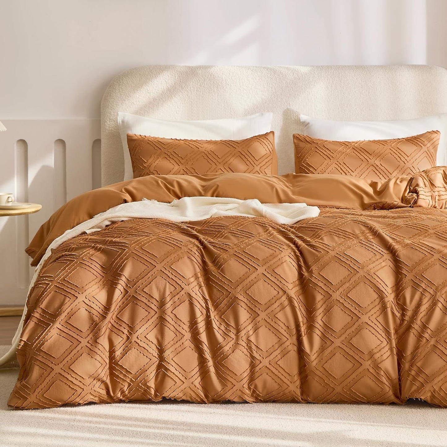 JELLYMONI Duvet Cover Twin Size Rust - 3PCS Boho Duvet Cover Set Plaid Polyester Tufted Bohemian Jacquard Knit Textured Comforter Cover 68×90in Rhombic Geometric Pattern Corner Ties & Zipper