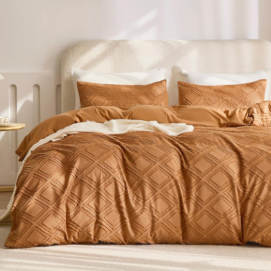 JELLYMONI Duvet Cover Twin Size Rust - 3PCS Boho Duvet Cover Set Plaid Polyester Tufted Bohemian Jacquard Knit Textured Comforter Cover 68×90in Rhombic Geometric Pattern Corner Ties & Zipper