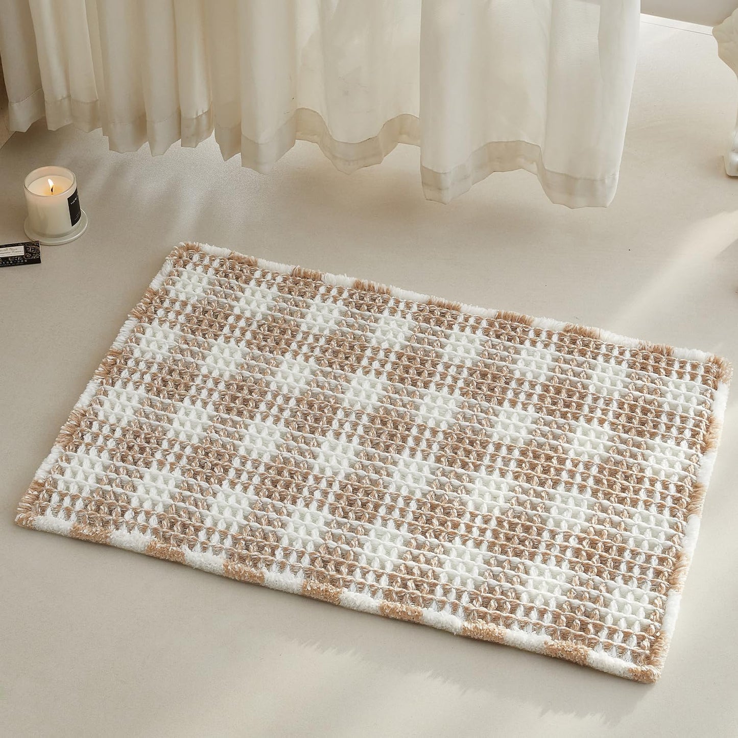 Waffle Bath Mat, Boho Bathroom Rugs Non Slip Washable Absorbent Checkered Bathroom Mat Quick Dry Farmhouse Bathroom Decor, 30"x20" Khaki and White