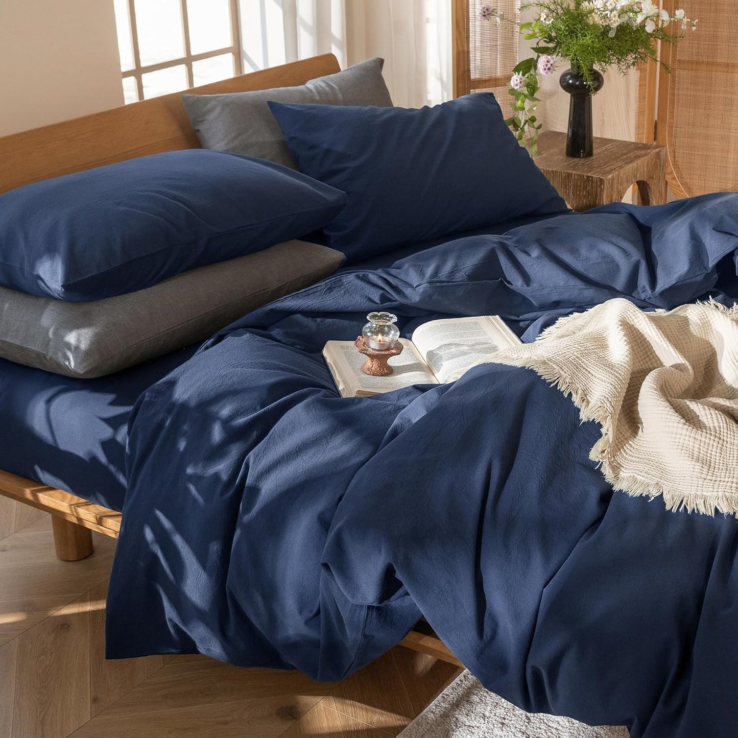 MooMee Bedding Duvet Cover Set 100% Washed Cotton Linen Like Textured Breathable Durable Soft Comfy (Solid Navy, Queen 90"x90")