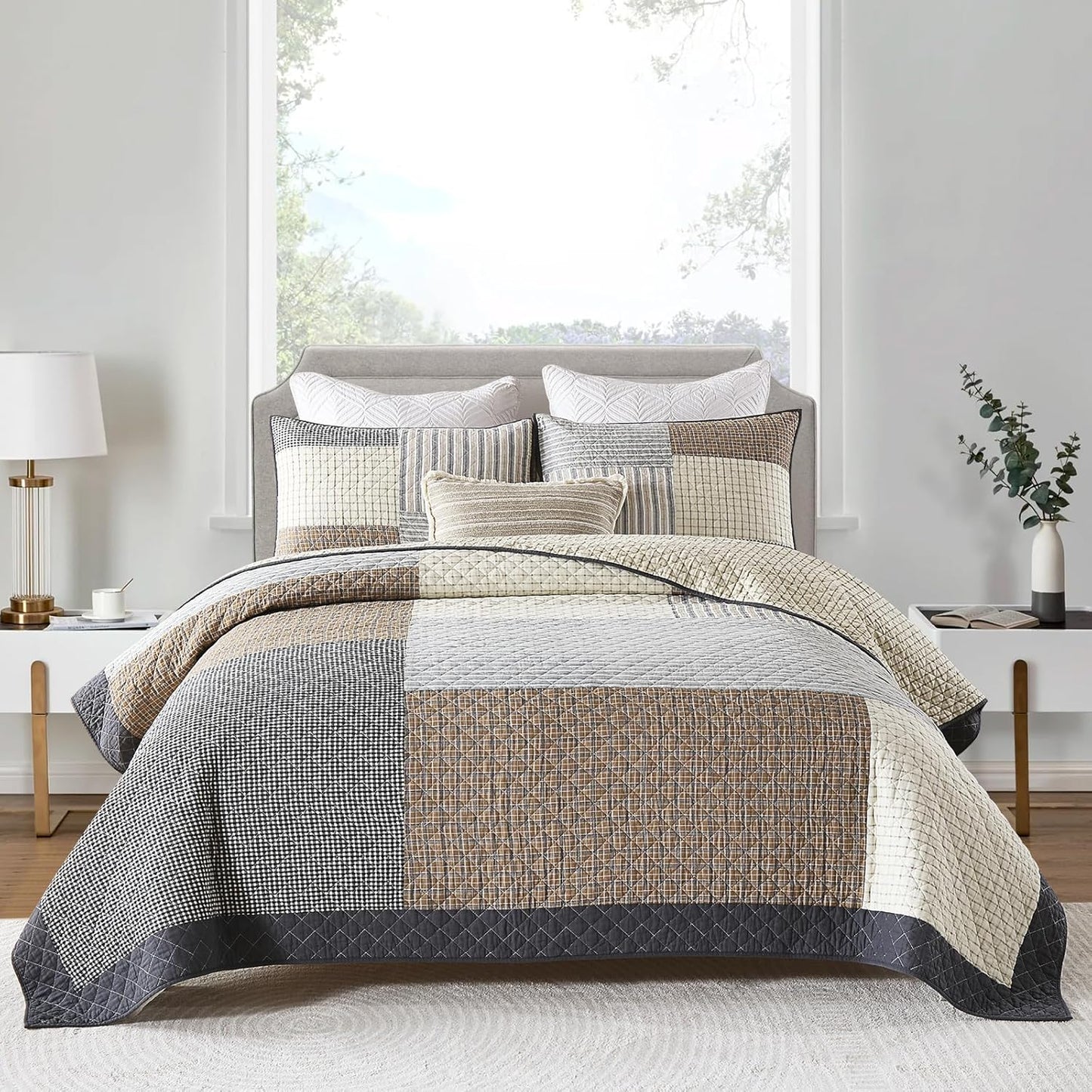 Uniclinens Quilt Set King Size, 100% Cotton Quilted Quilt Bedding Set Bedspread, Real Patchwork Plaid Quilt, Lightweight Quilted Comforter Set, 3 Pieces Set with 2 Pillowshams, Brown/Beige/Gray